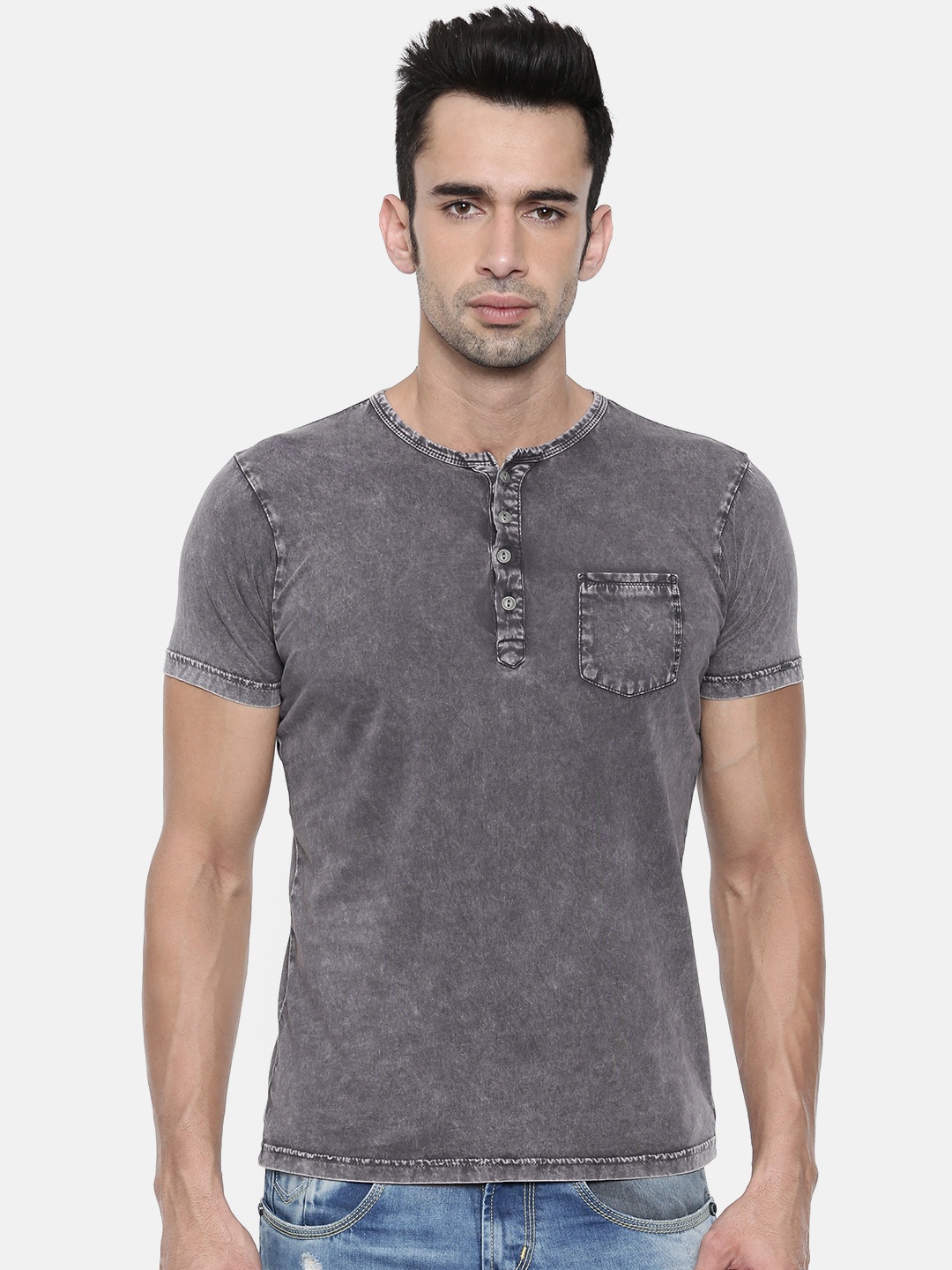 

Pepe Jeans Men Grey Solid Henley Neck Pure Cotton T-shirt