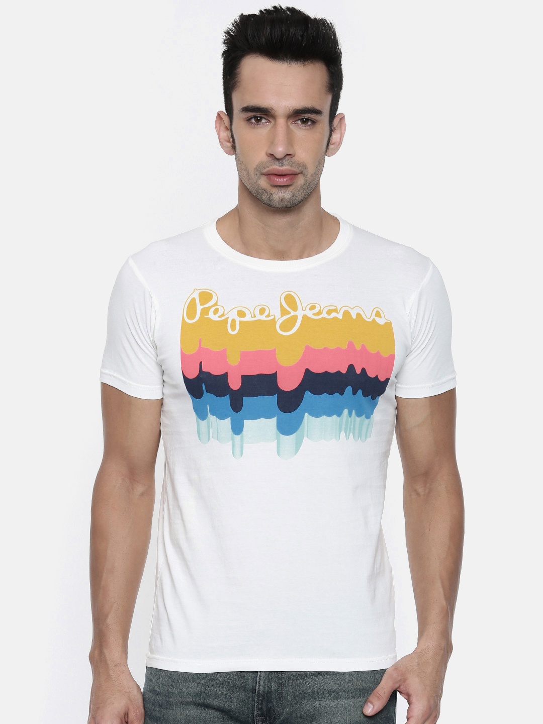 

Pepe Jeans Men Off-White Slim Fit Printed Round Neck Pure Cotton T-shirt