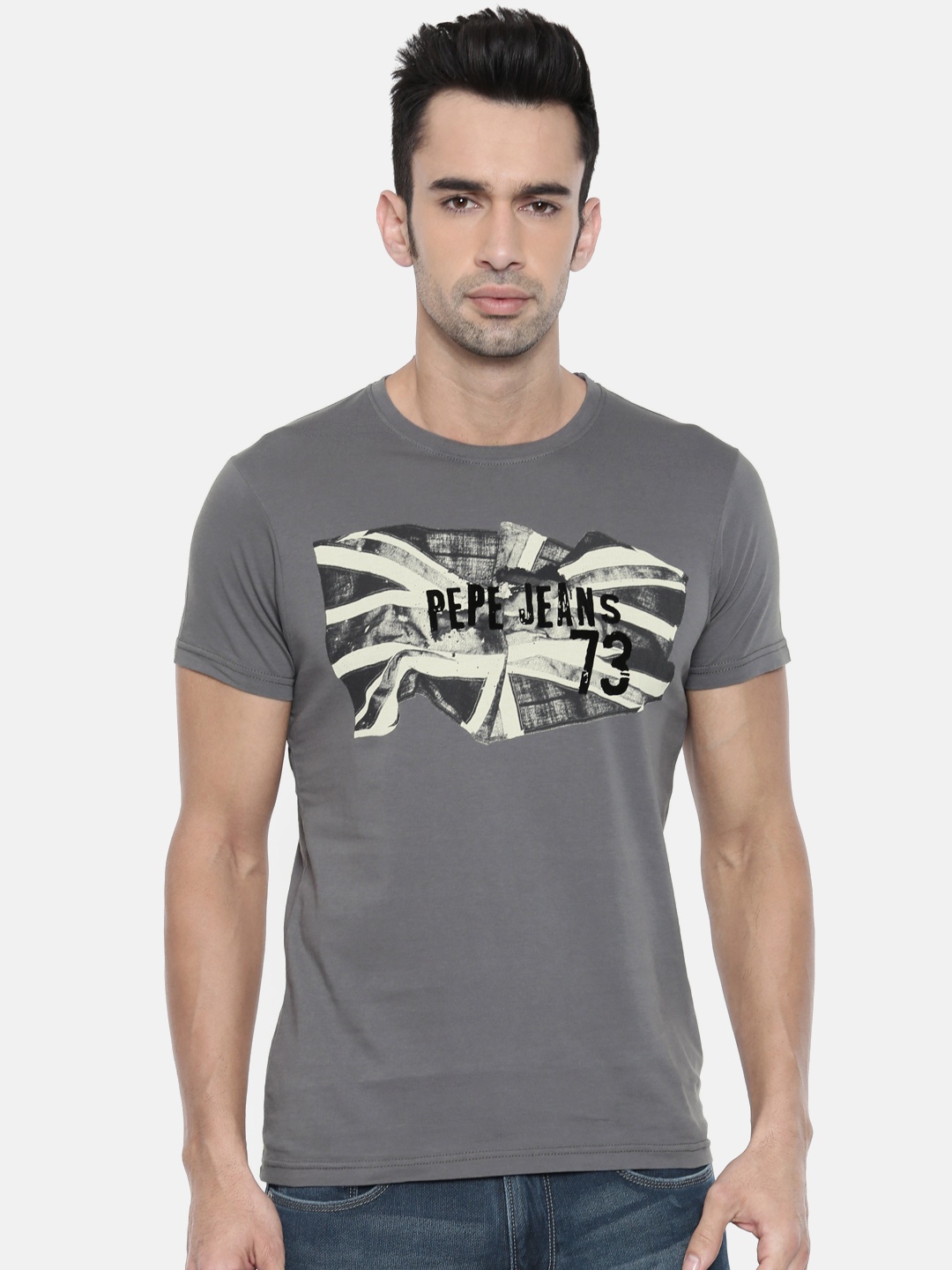 

Pepe Jeans Men Grey Printed Round Neck Pure Cotton T-shirt