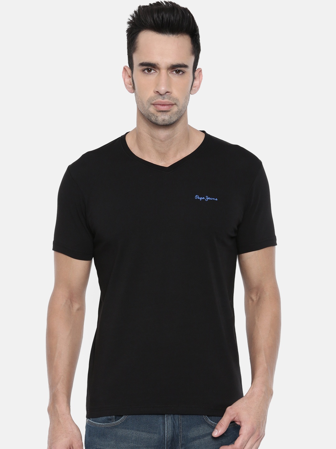 

Pepe Jeans Men Black Solid V-Neck T-shirt