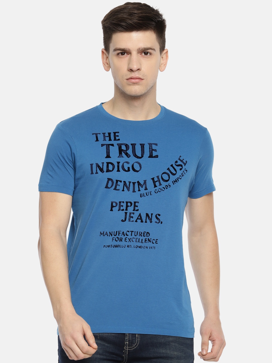 

Pepe Jeans Men Blue Printed Round Neck Pure Cotton T-shirt