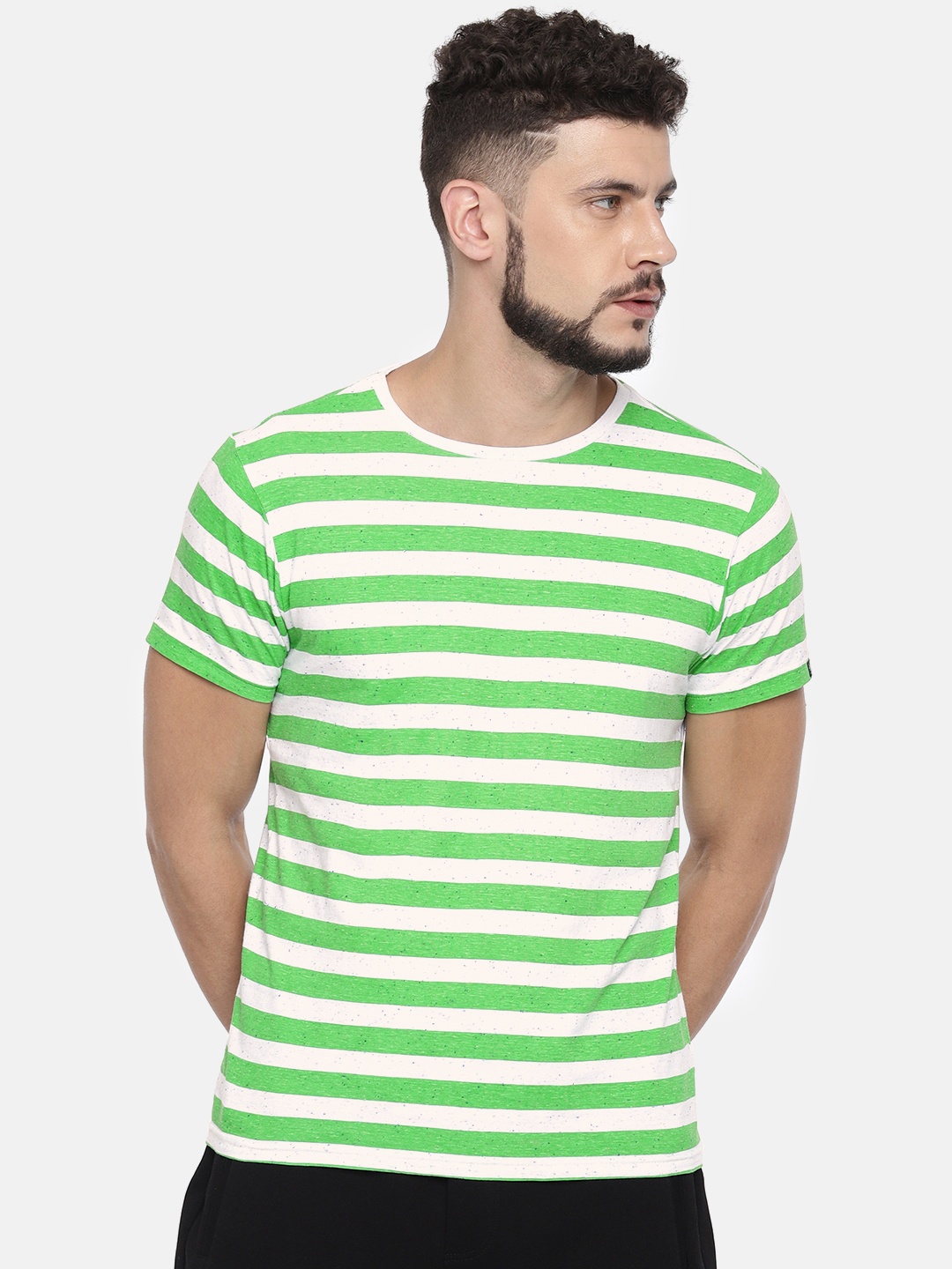 

Pepe Jeans Men Green & White Striped Round Neck T-shirt