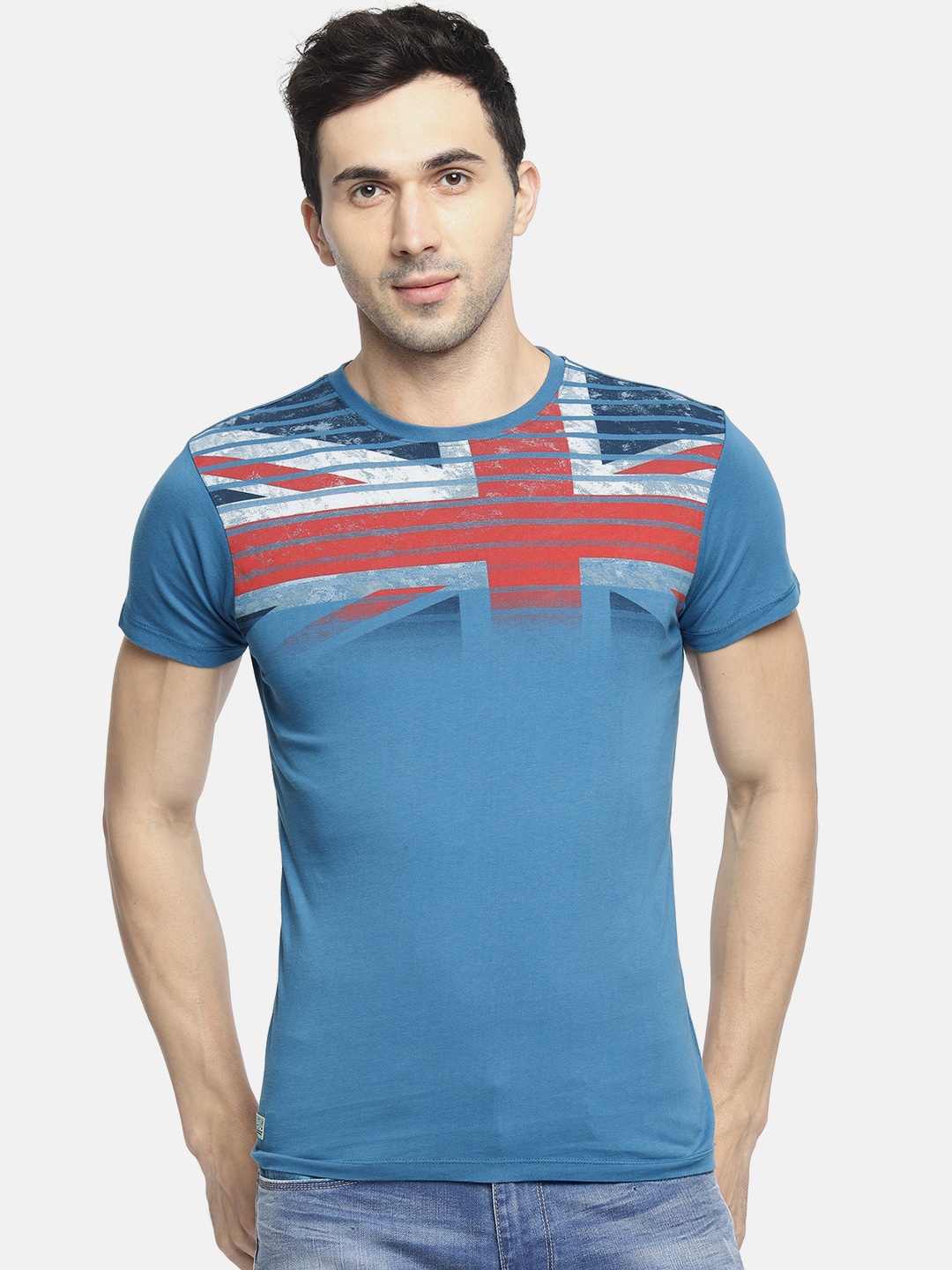 

Pepe Jeans Men Blue Printed Round Neck Pure Cotton T-shirt