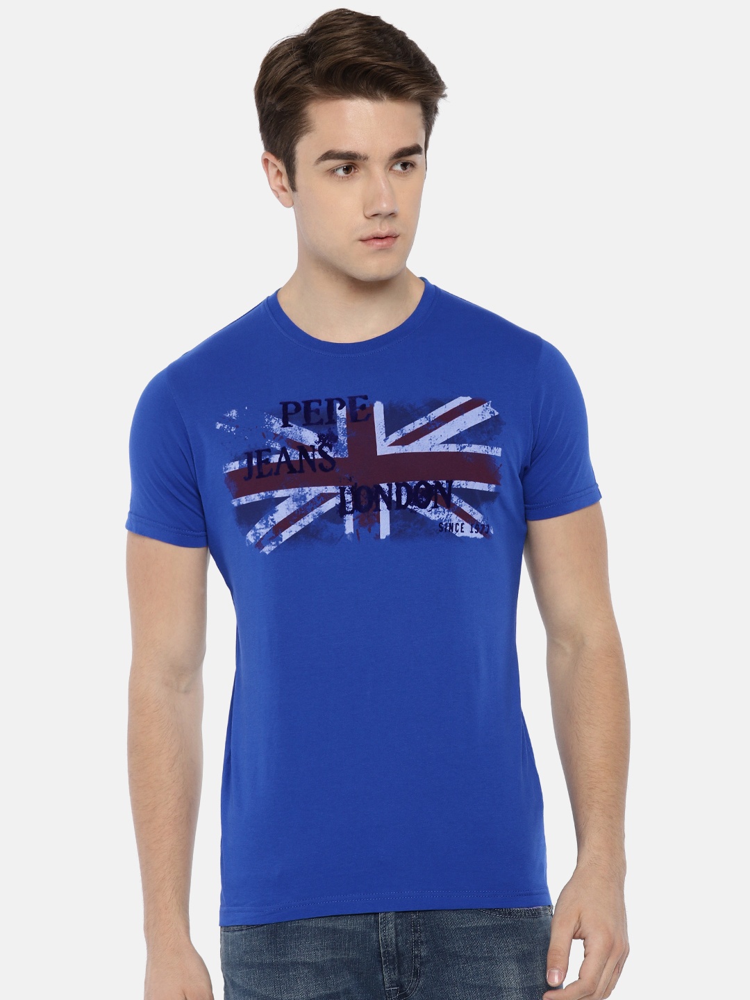 

Pepe Jeans Men Blue Printed Slim Fit Round Neck Pure Cotton T-shirt