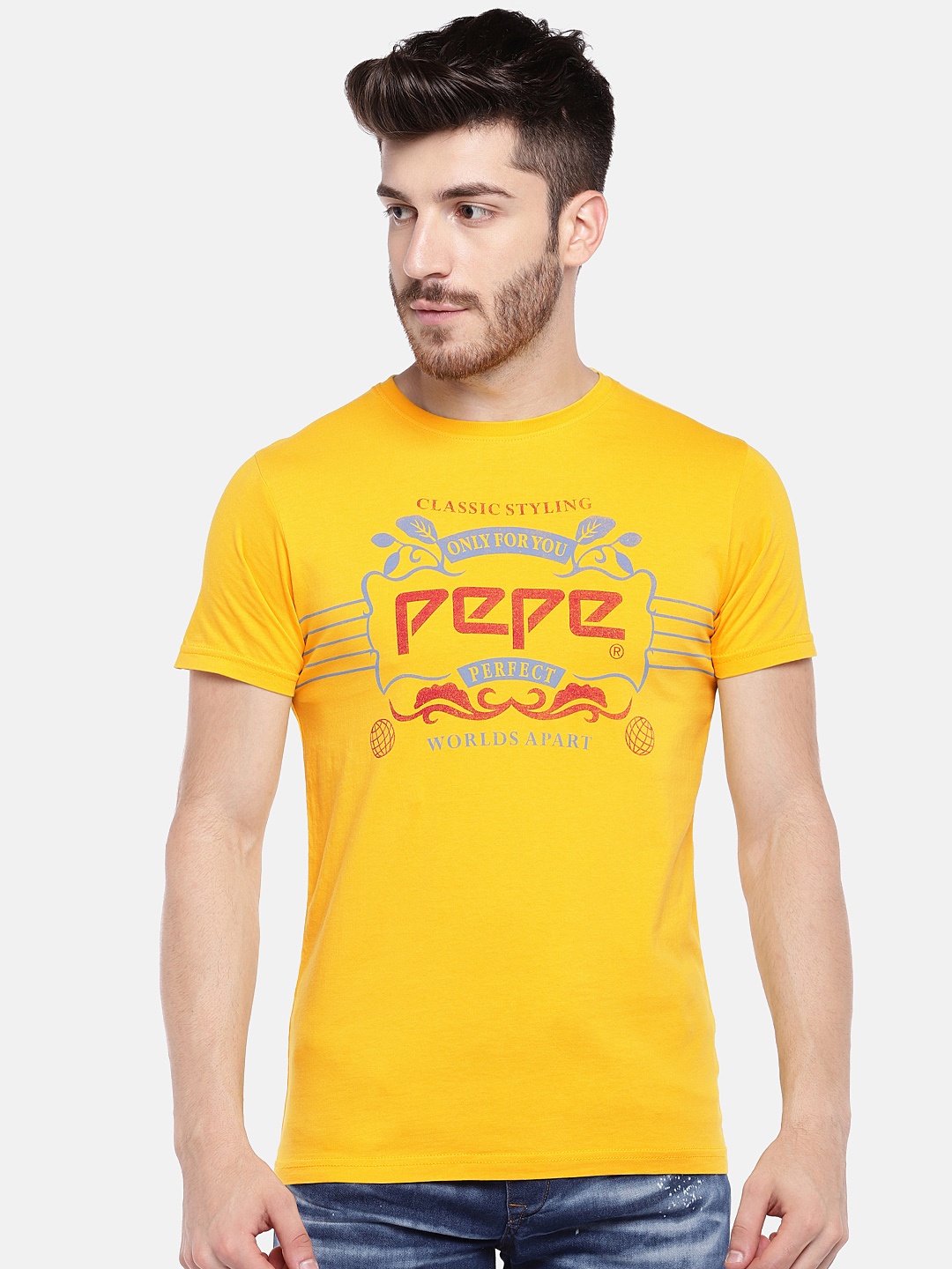 

Pepe Jeans Men Yellow Printed Round Neck Pure Cotton T-shirt
