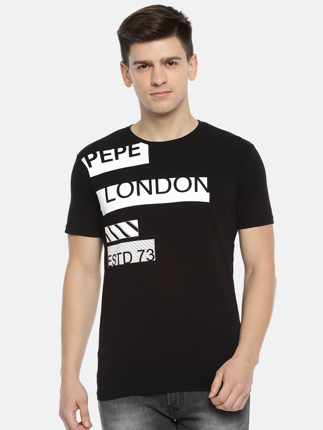 

Pepe Jeans Men Black & White Printed Round Neck T-shirt