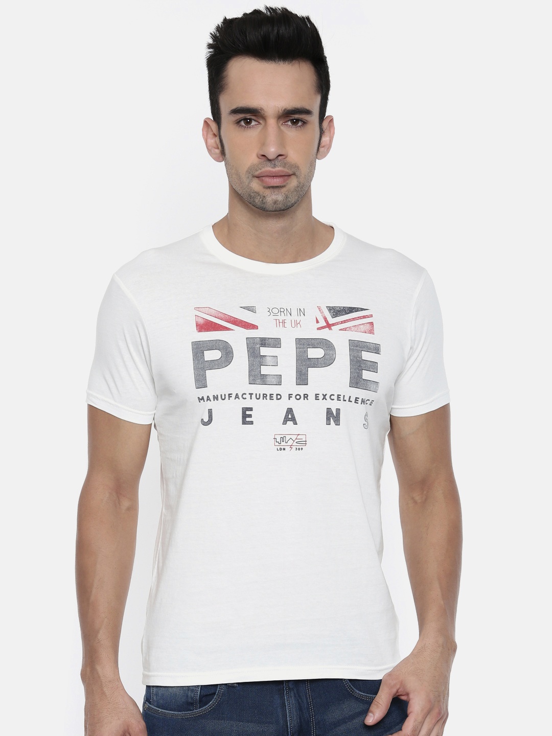 

Pepe Jeans Men Off-White Printed Round Neck Pure Cotton T-shirt