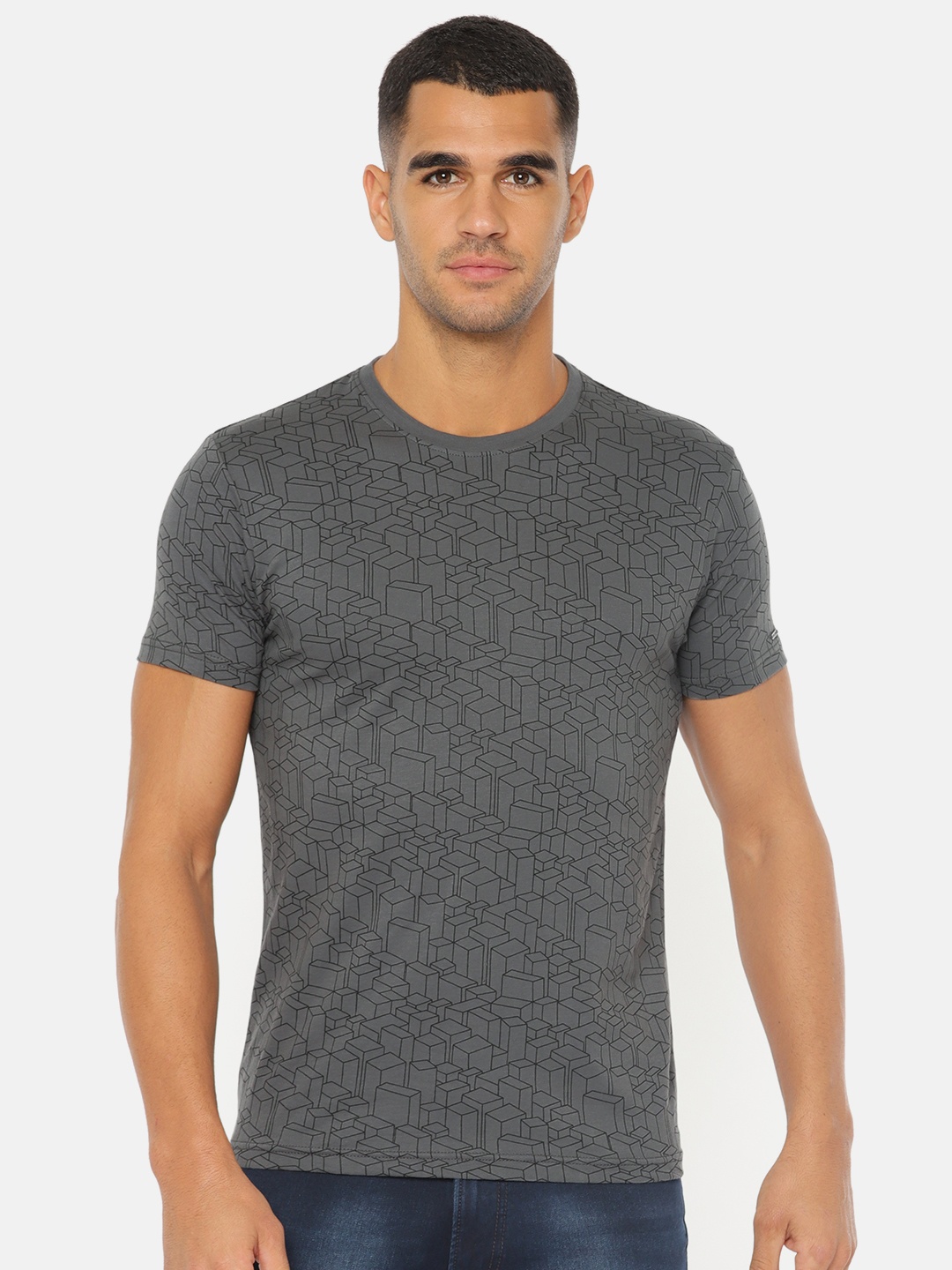 

Pepe Jeans Men Grey Printed Round Neck Slim Fit Pure Cotton T-shirt