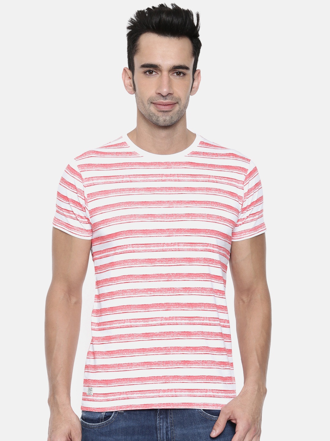 

Pepe Jeans Men Coral Pink White Slim Fit Striped Round Neck Pure Cotton T-shirt