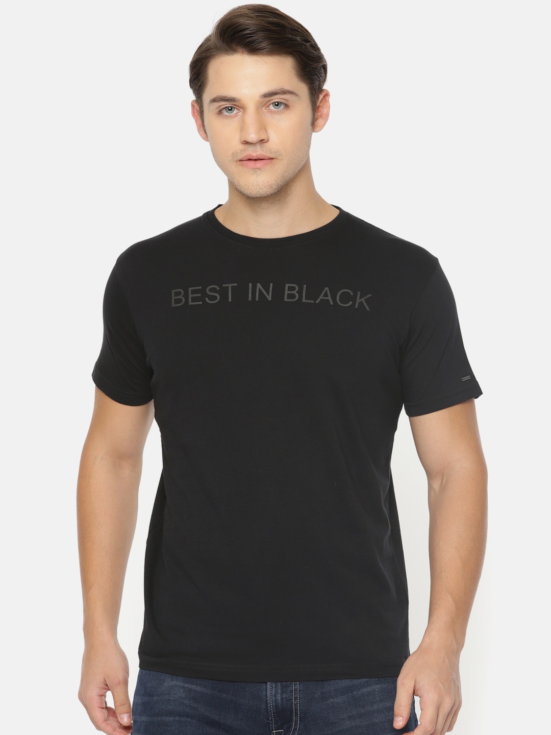 

Pepe Jeans Men Black Self Design Round Neck Pure Cotton T-shirt