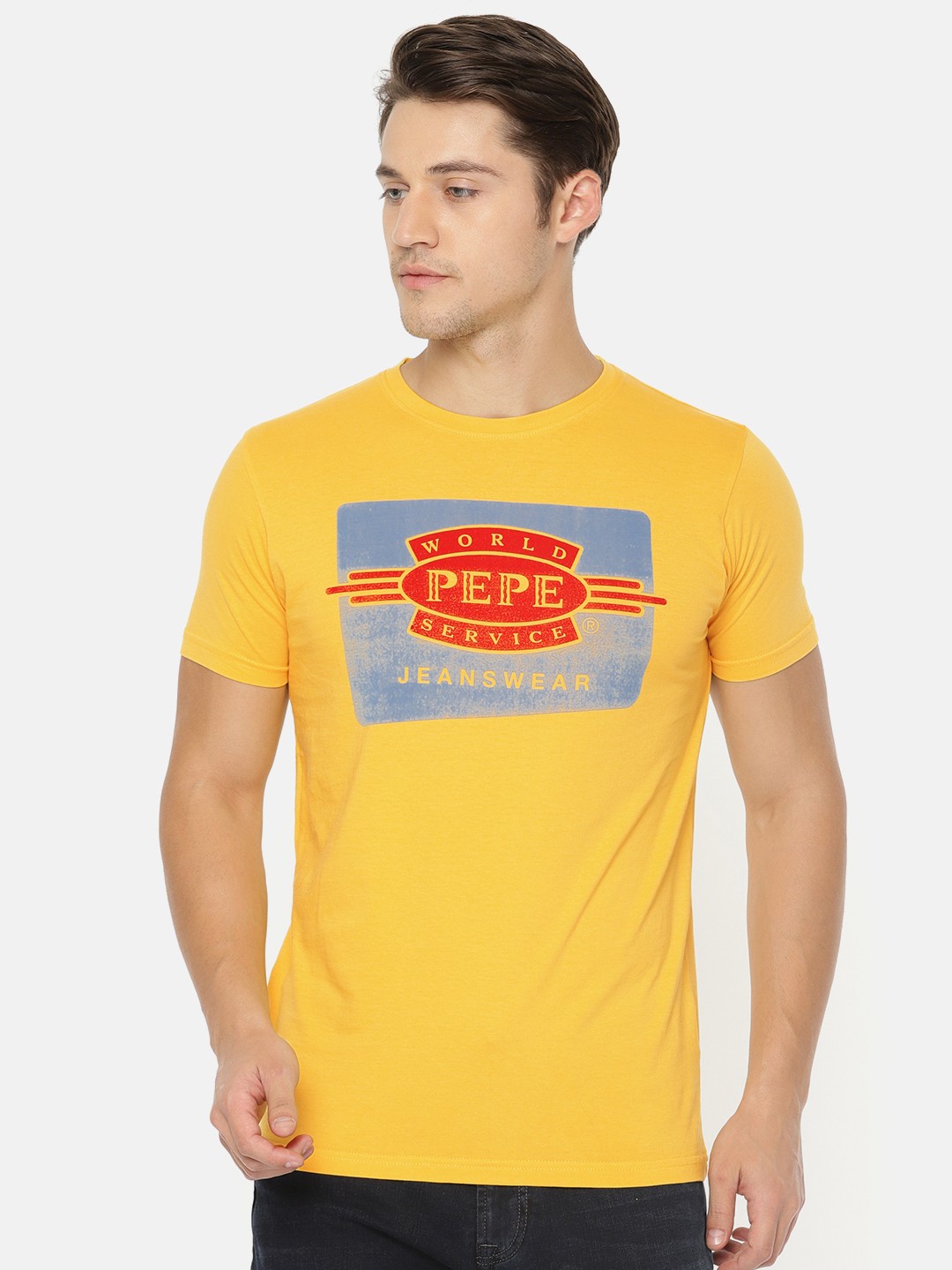 

Pepe Jeans Men Yellow Printed Round Neck Slim Fit Pure Cotton T-shirt