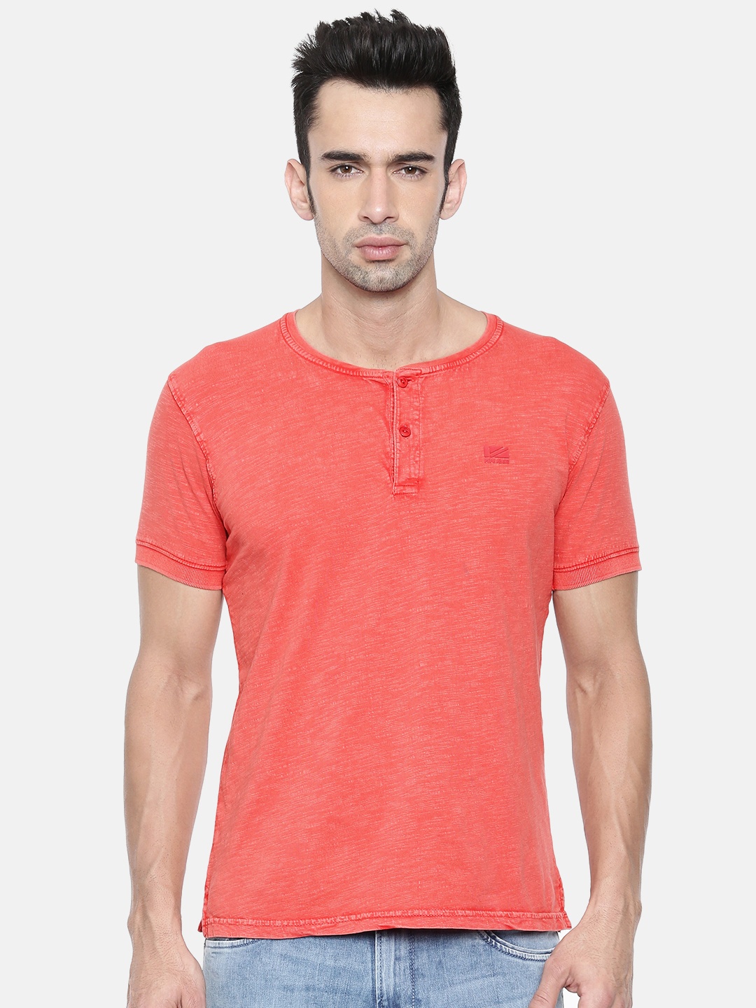 

Pepe Jeans Men Coral Pink Solid Slim Fit Henley Neck Pure Cotton T-shirt