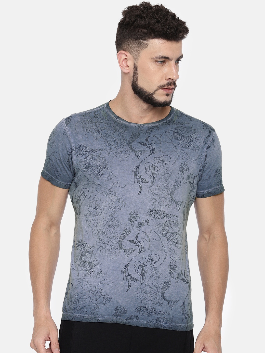 

Pepe Jeans Men Blue Printed Round Neck Pure Cotton T-shirt