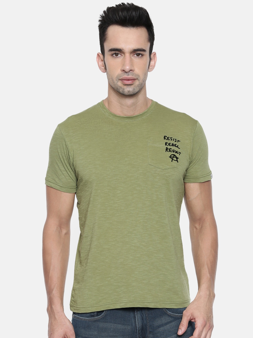 

Pepe Jeans Men Olive Green Solid Round Neck Pure Cotton T-shirt