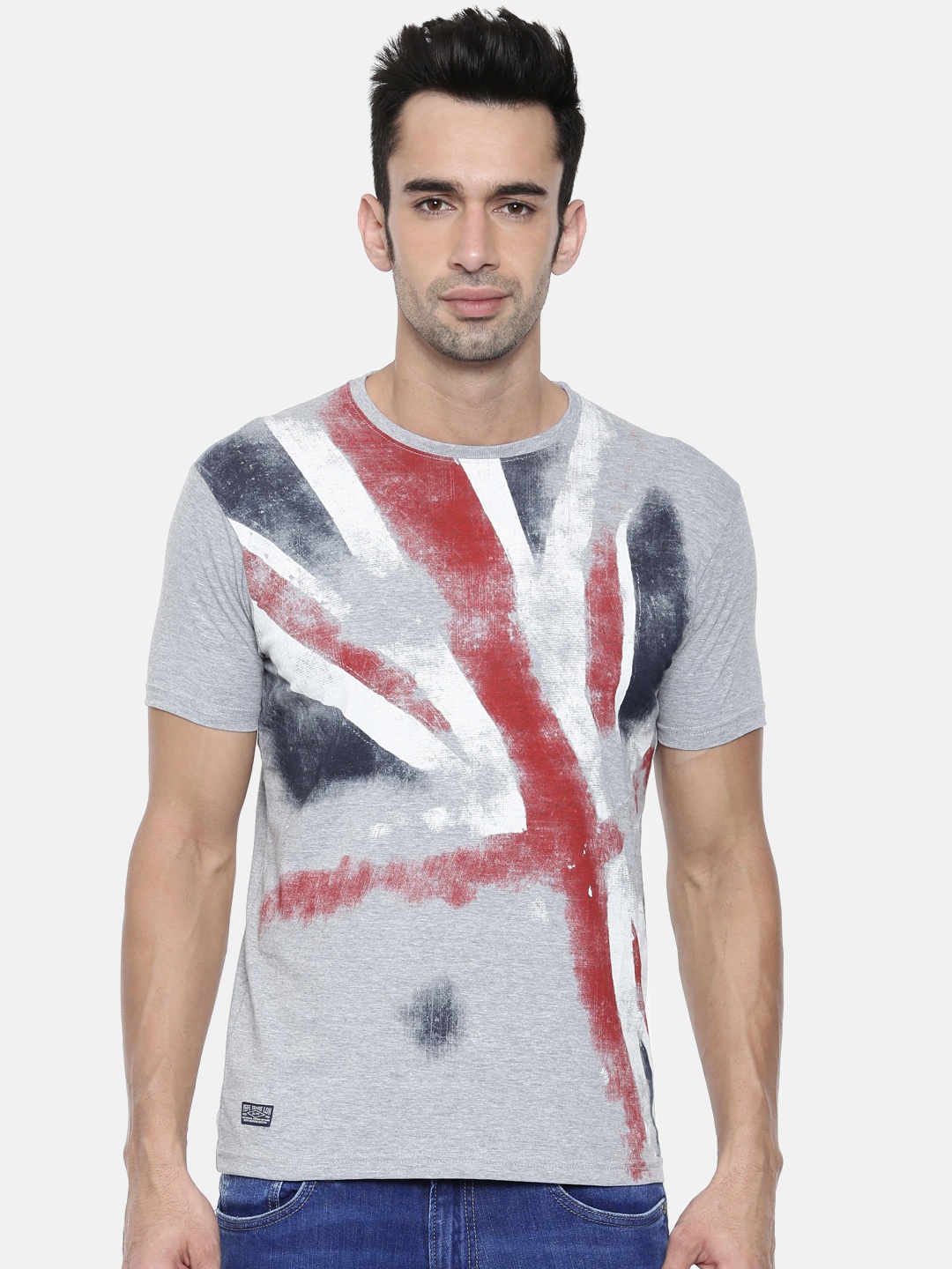 

Pepe Jeans Men Grey Melange Slim Fit Printed Round Neck T-shirt