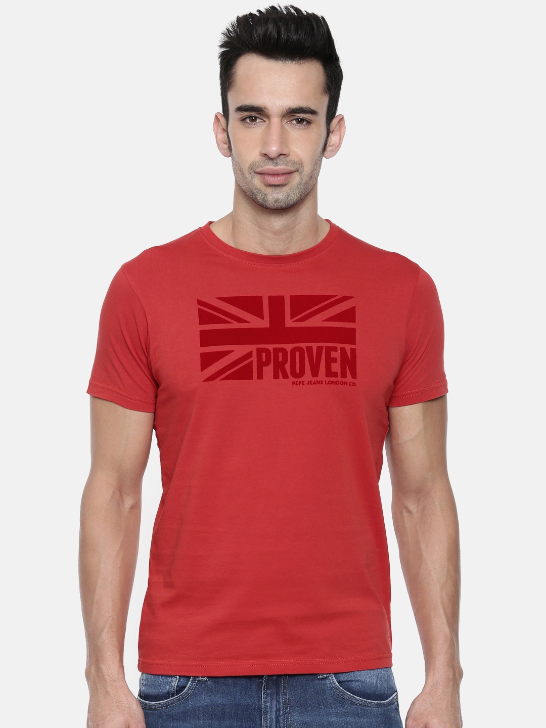 

Pepe Jeans Men Red Slim Fit Printed Round Neck Pure Cotton T-shirt