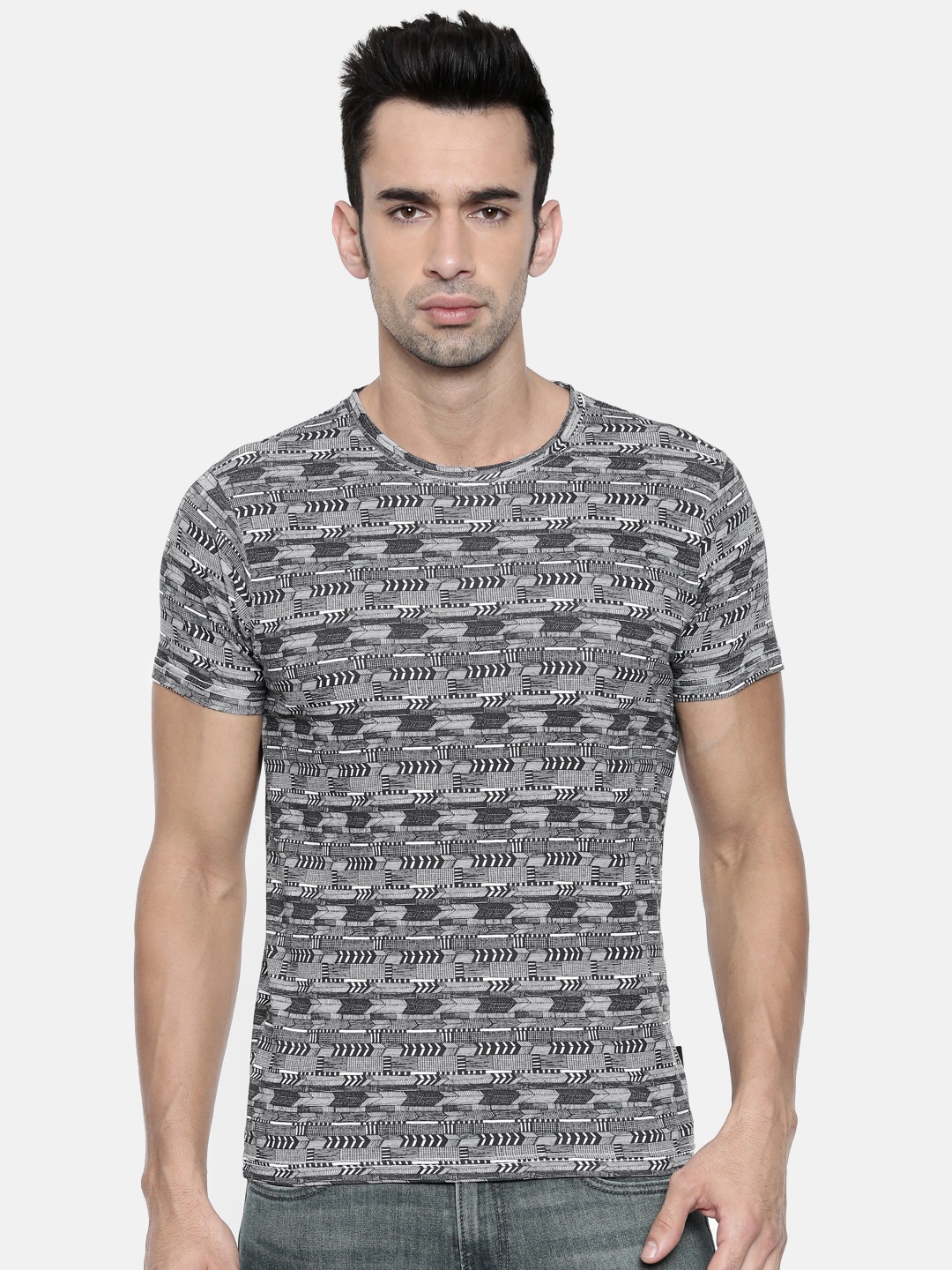 

Pepe Jeans Men Black Grey Slim Fit Printed Round Neck Pure Cotton T-shirt