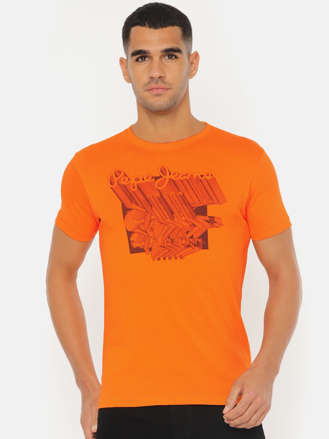 

Pepe Jeans Men Orange Printed Round Neck Pure Cotton T-shirt