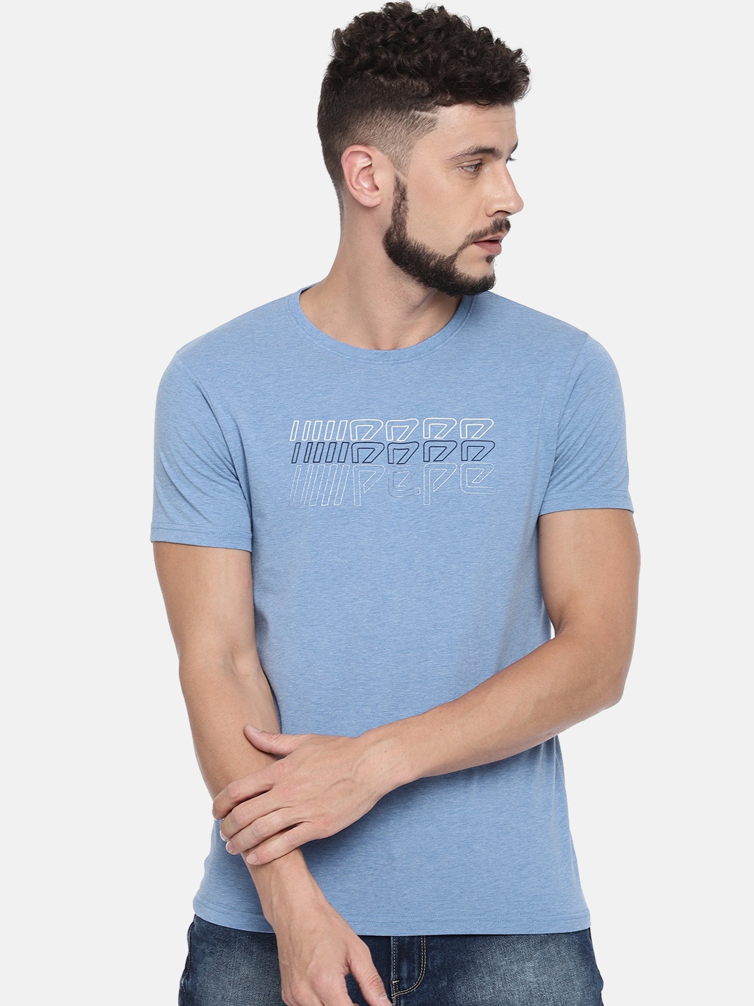 

Pepe Jeans Men Blue Printed Slim Fit Round Neck Pure Cotton T-shirt