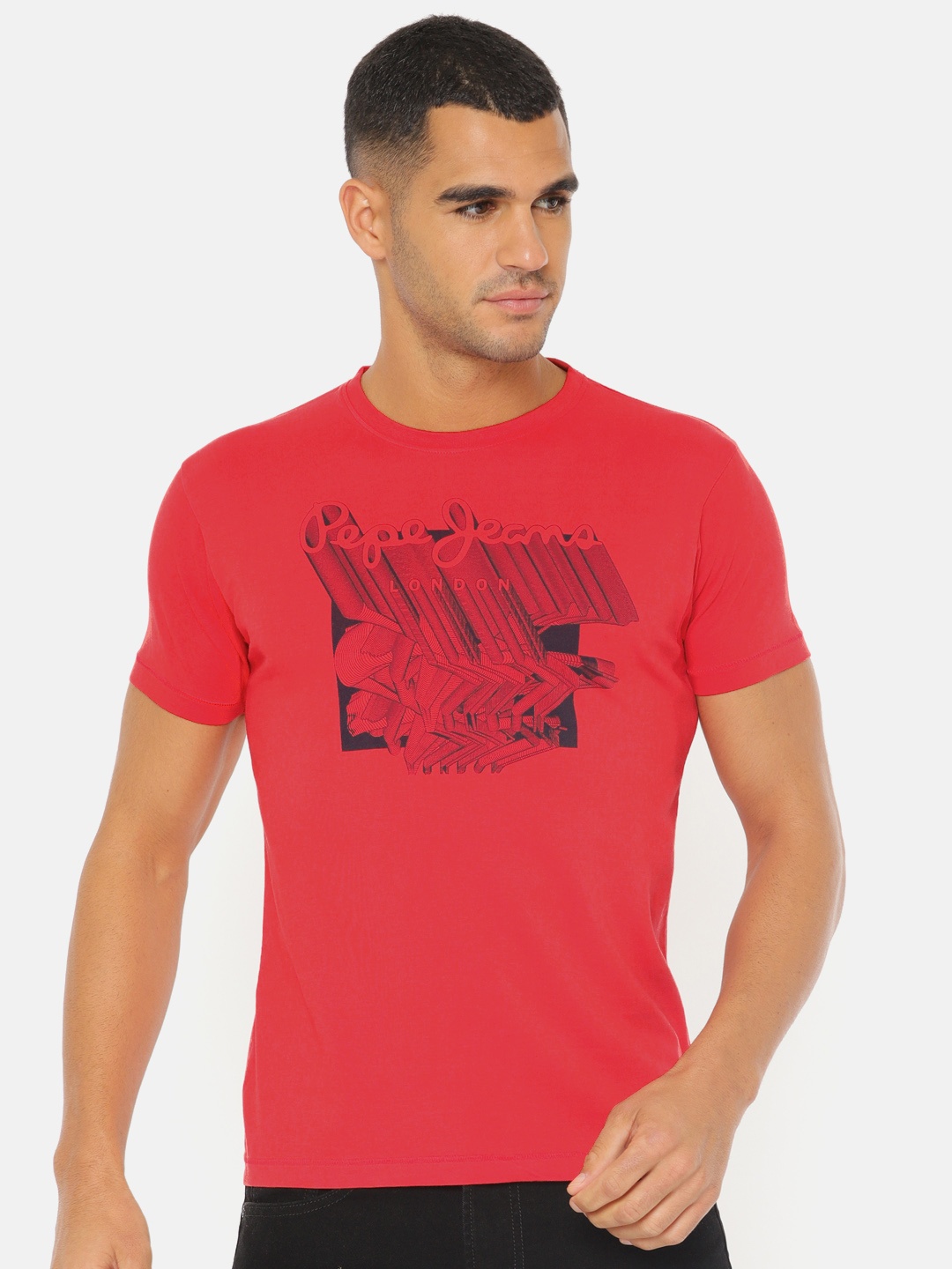 

Pepe Jeans Men Red Printed Round Neck Slim Fit Pure Cotton T-shirt