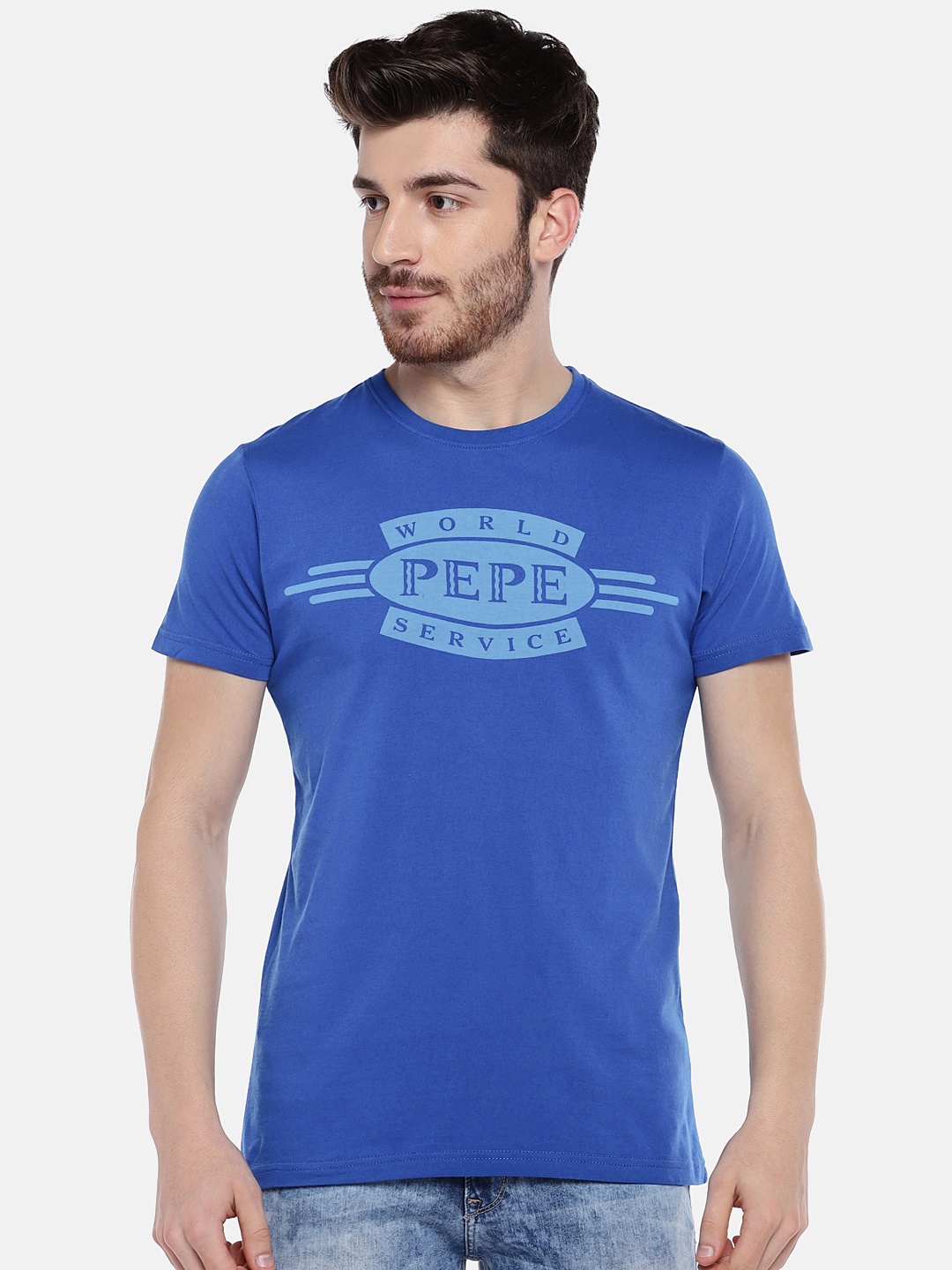 

Pepe Jeans Men Blue Printed Round Neck Pure Cotton T-shirt