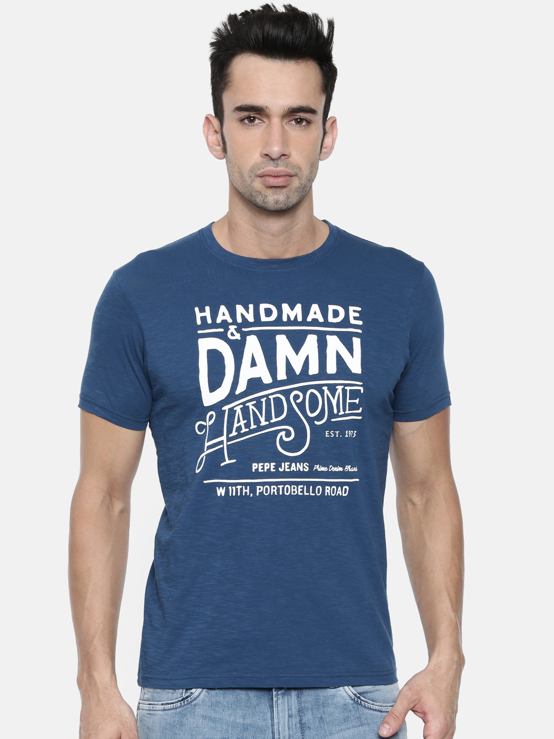 

Pepe Jeans Men Blue Slim Fit Printed Round Neck Pure Cotton T-shirt