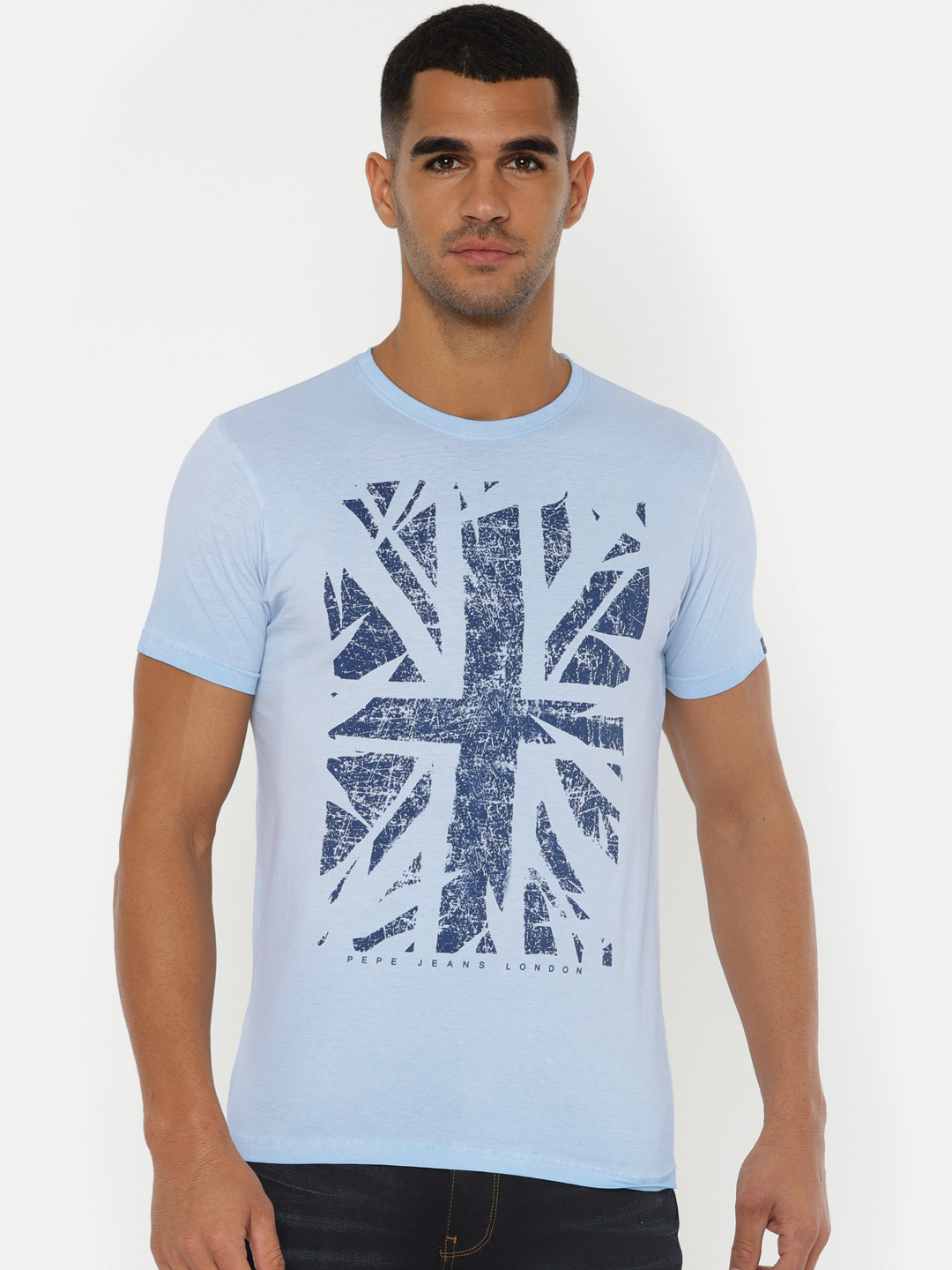 

Pepe Jeans Men Blue Slim Fit Printed Round Neck Pure Cotton T-shirt