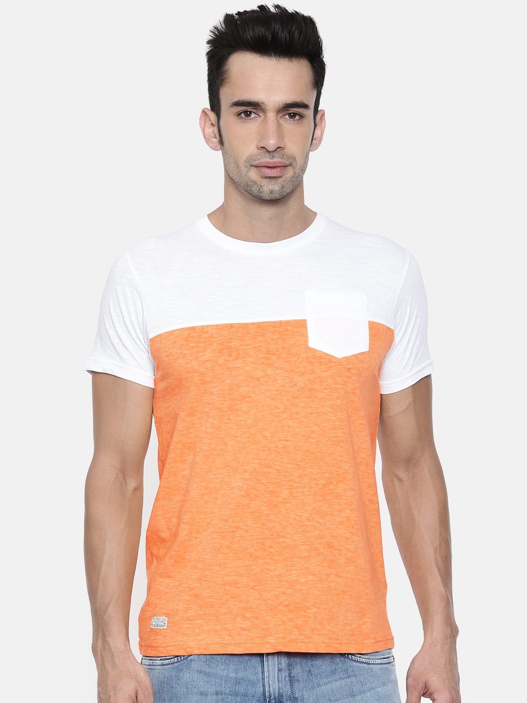 

Pepe Jeans Men Orange White Colourblocked Slim Fit Round Neck Pure Cotton T-shirt