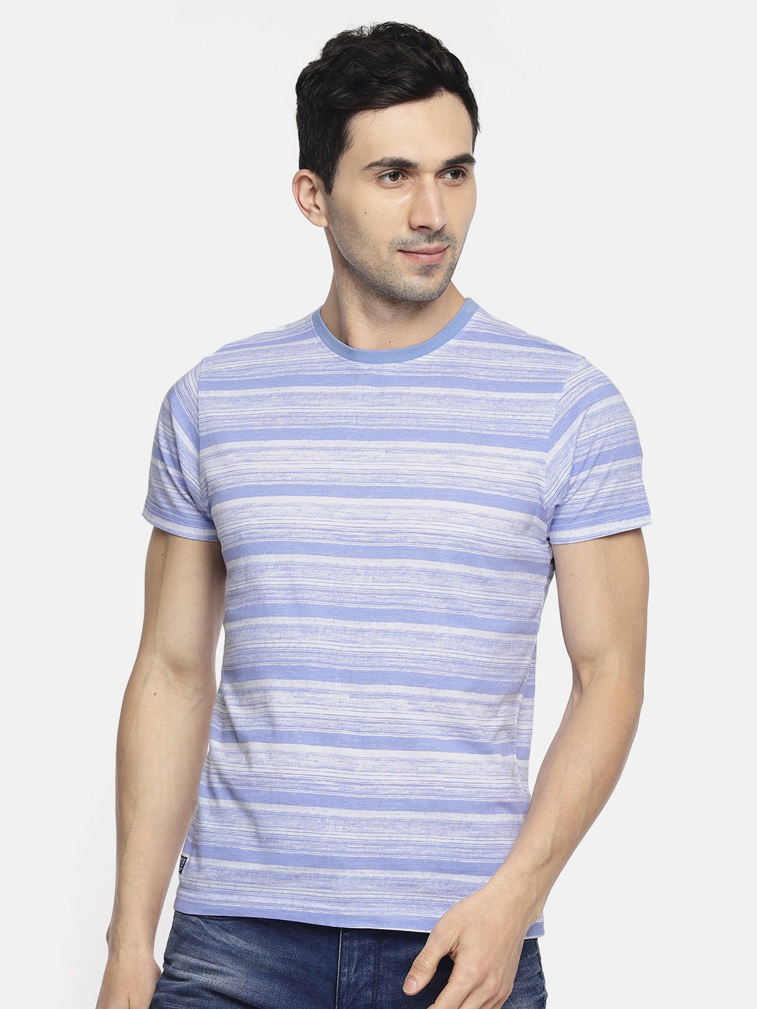 

Pepe Jeans Men Blue White Striped Slim Fit Round Neck Pure Cotton T-shirt