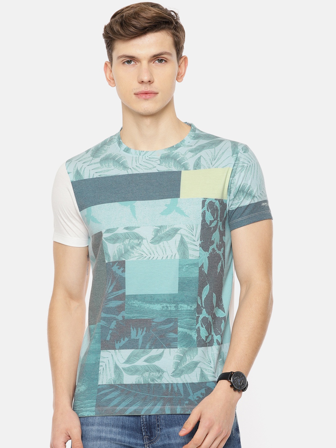 

Pepe Jeans Men Blue Printed Slim Fit Round Neck Pure Cotton T-shirt