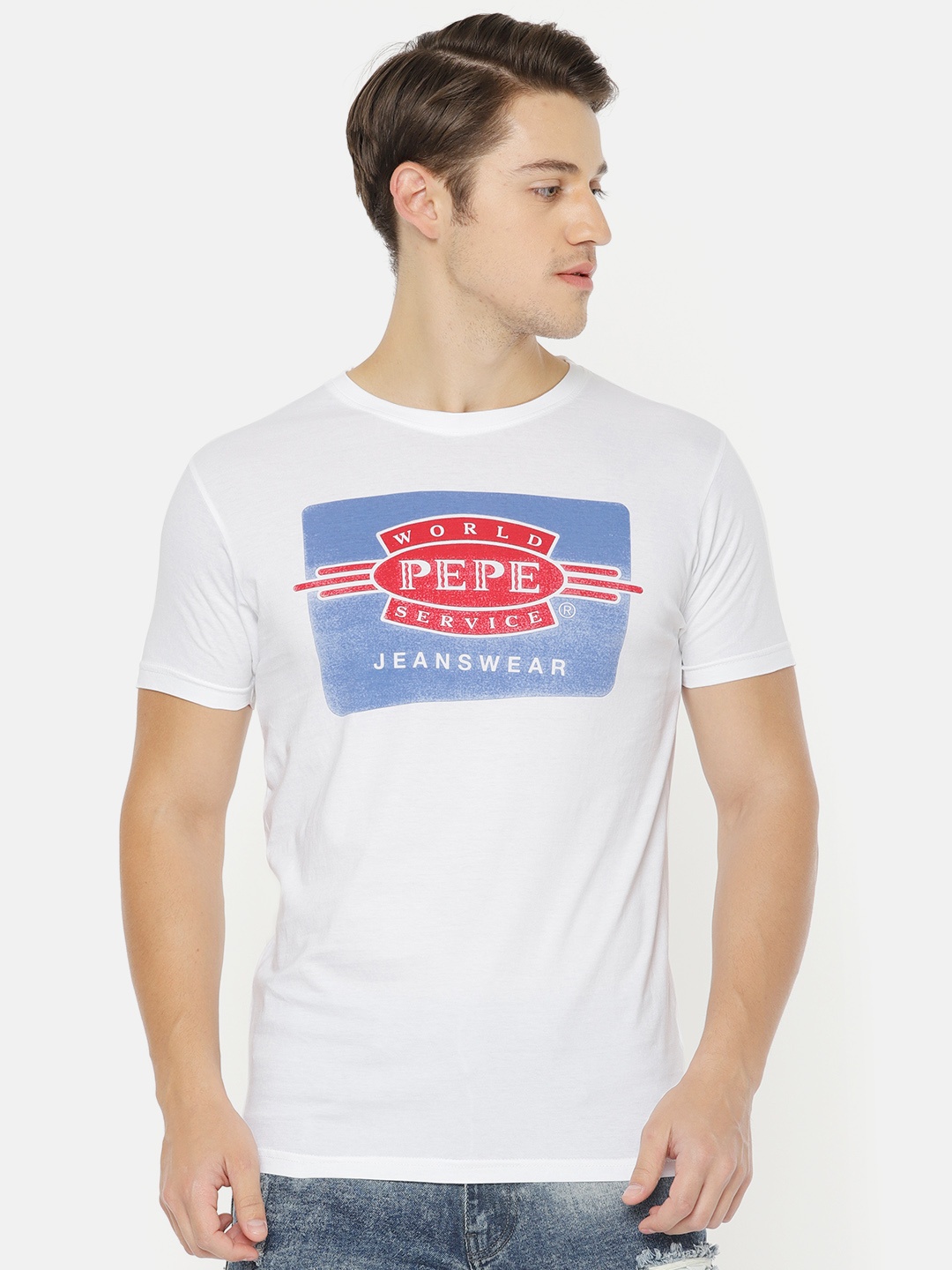 

Pepe Jeans Men White Slim Fit Printed Round Neck Pure Cotton T-shirt