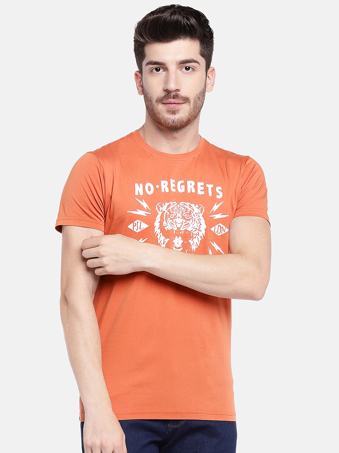 

Pepe Jeans Men Rust Orange Printed Round Neck Pure Cotton T-shirt