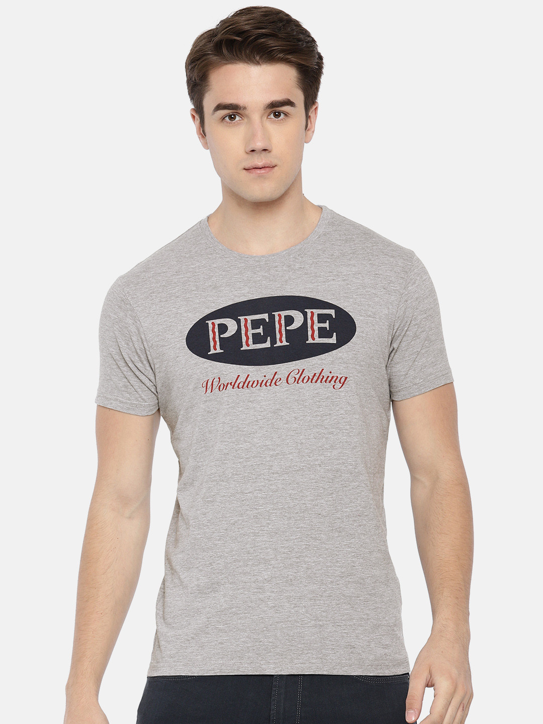 

Pepe Jeans Men Grey Melange Printed Round Neck T-shirt