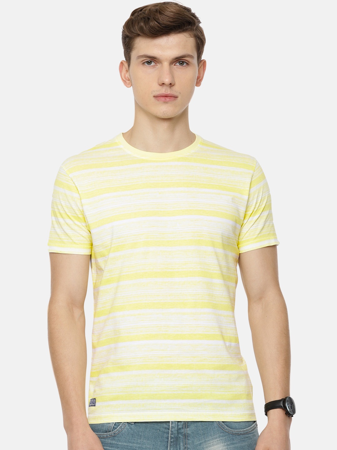 

Pepe Jeans Men Yellow & White Striped Round Neck T-shirt