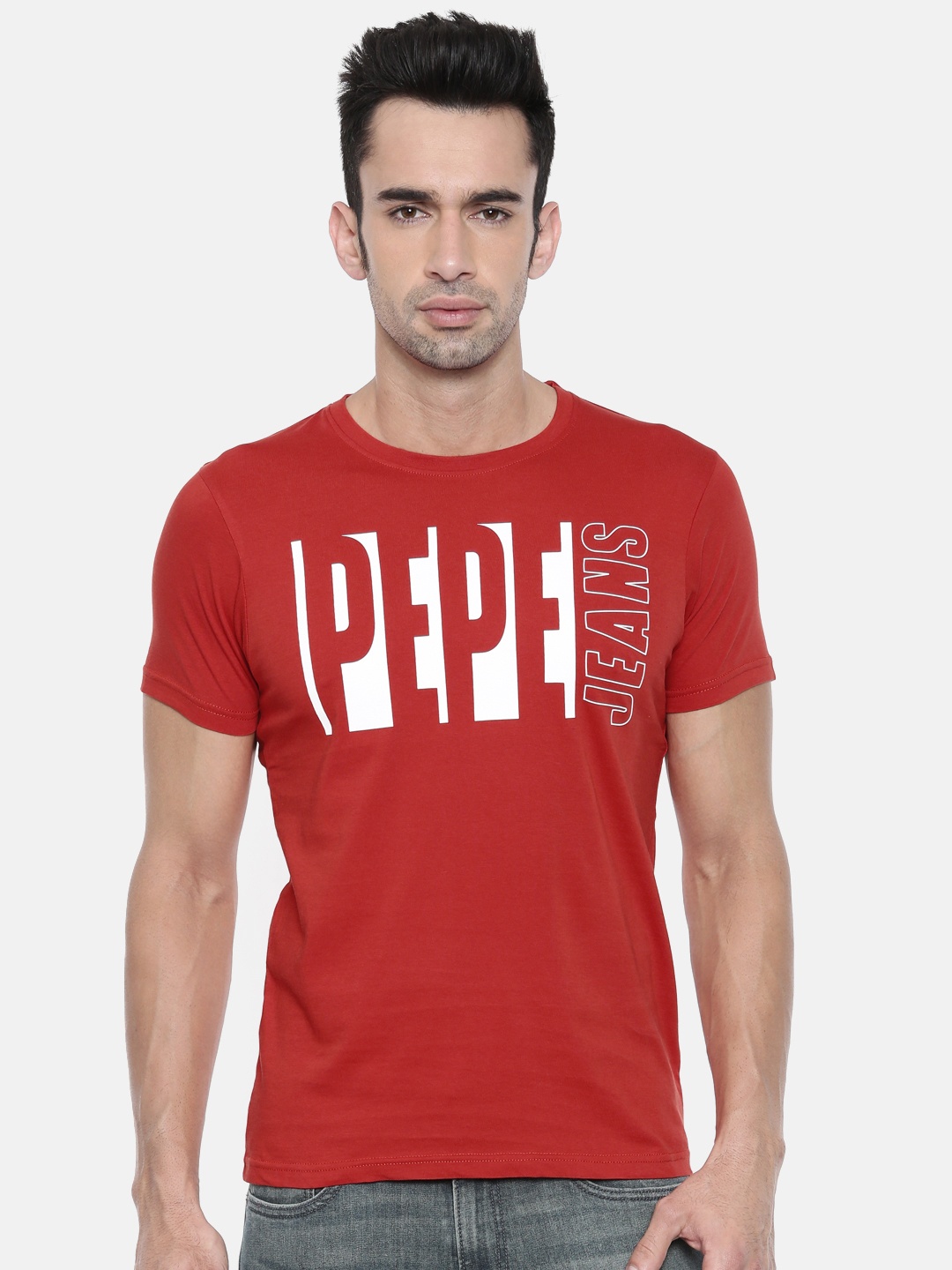 

Pepe Jeans Men Red Slim Fit Printed Round Neck Pure Cotton T-shirt