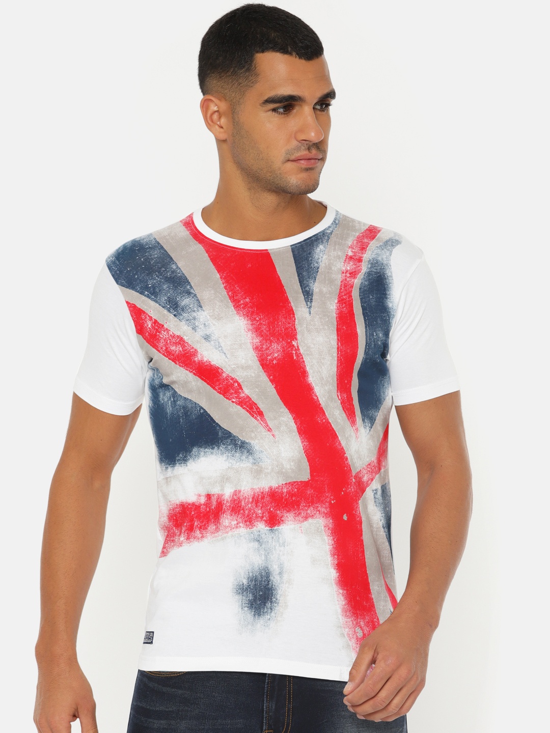 

Pepe Jeans Men White Blue Printed Slim Fit Round Neck Pure Cotton T-shirt