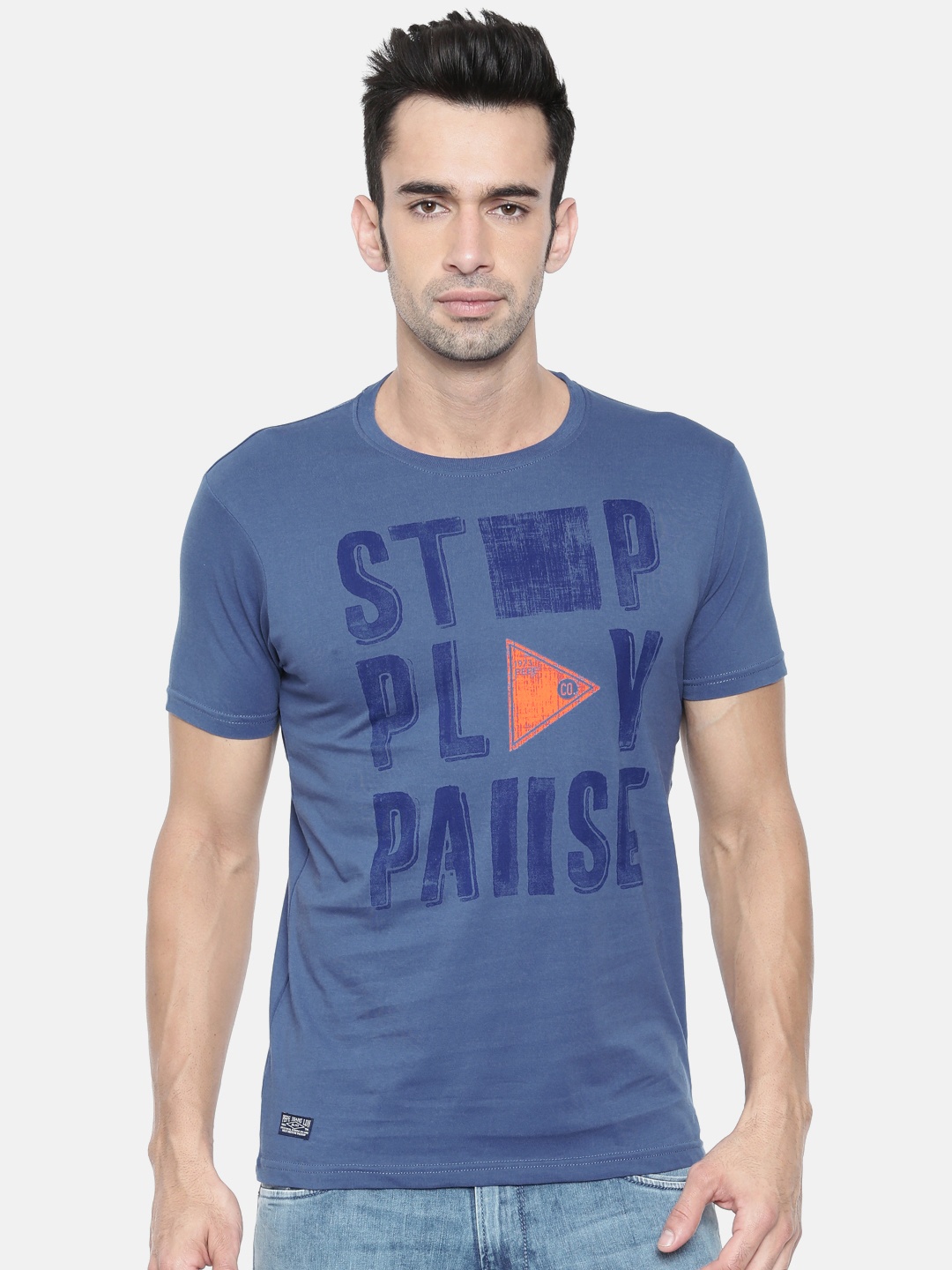 

Pepe Jeans Men Blue Printed Slim Fit Round Neck Pure Cotton T-shirt