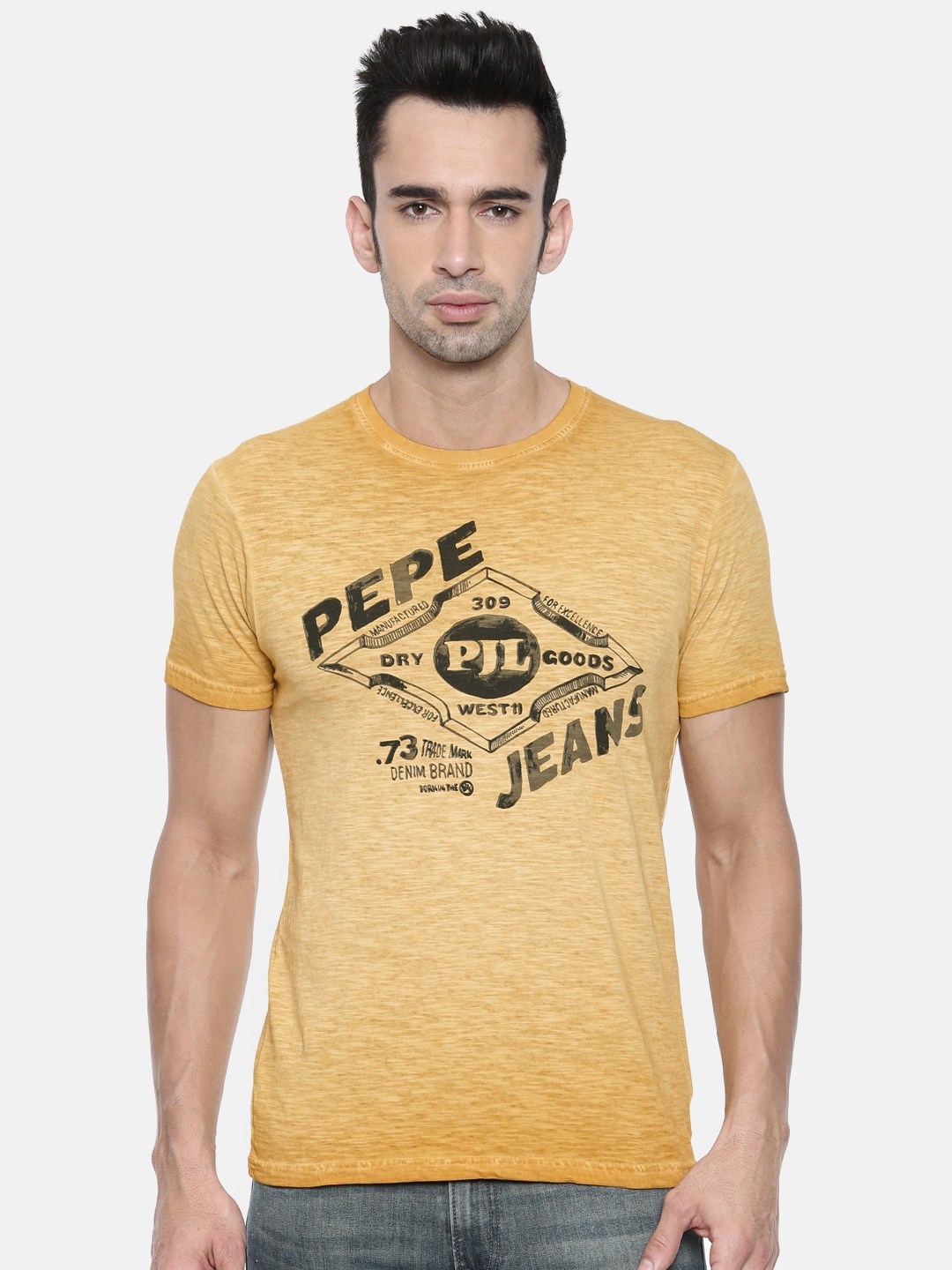 

Pepe Jeans Men Mustard Yellow Slim Fit Printed Round Neck Pure Cotton T-shirt