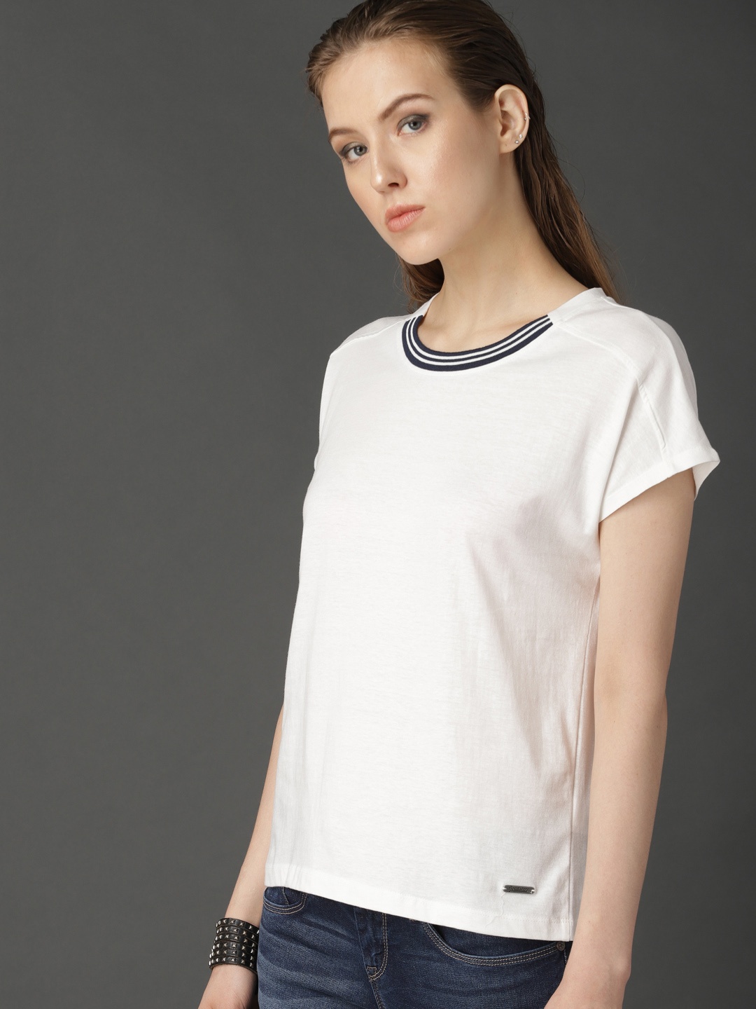 

Roadster Women White Solid Pure Cotton Top With Contrast Rib