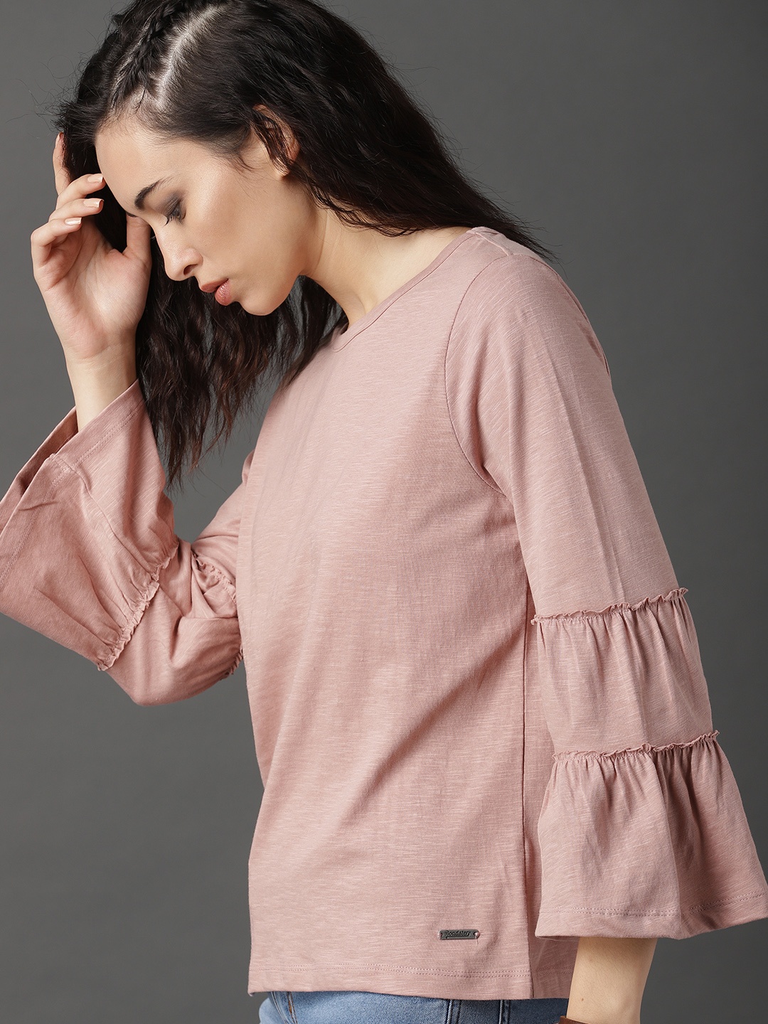

Roadster Women Dusty Pink Coloured Solid Pure Cotton Top with Flared Sleeve