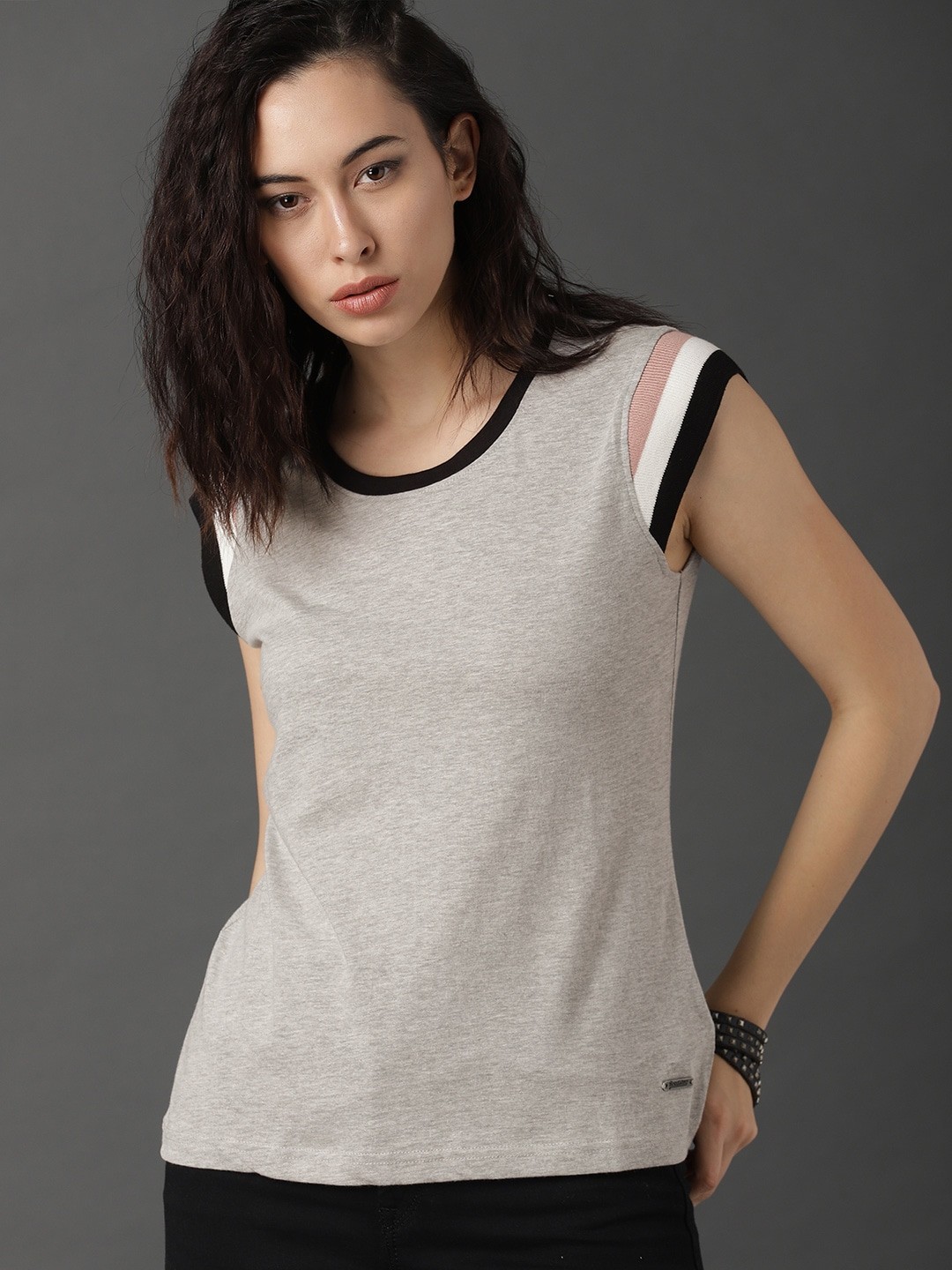

Roadster Women Grey Solid Top With Striped Sleeve
