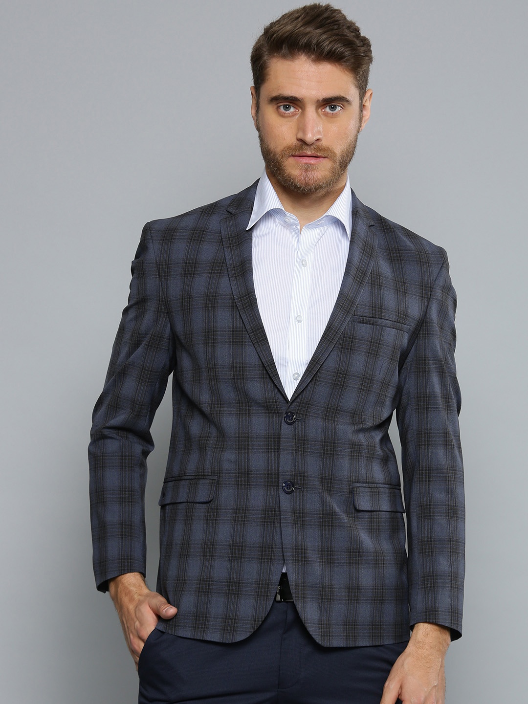 

Louis Philippe Men Navy Checked Formal Single-Breasted Blazer, Navy blue