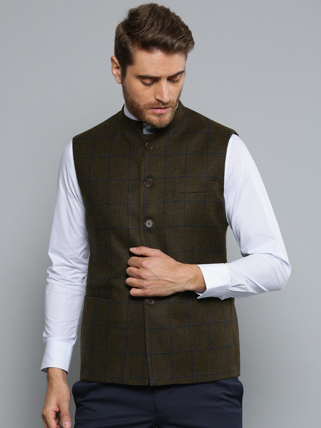 

Louis Philippe Men Olive Brown Checked Woollen Nehru Jacket