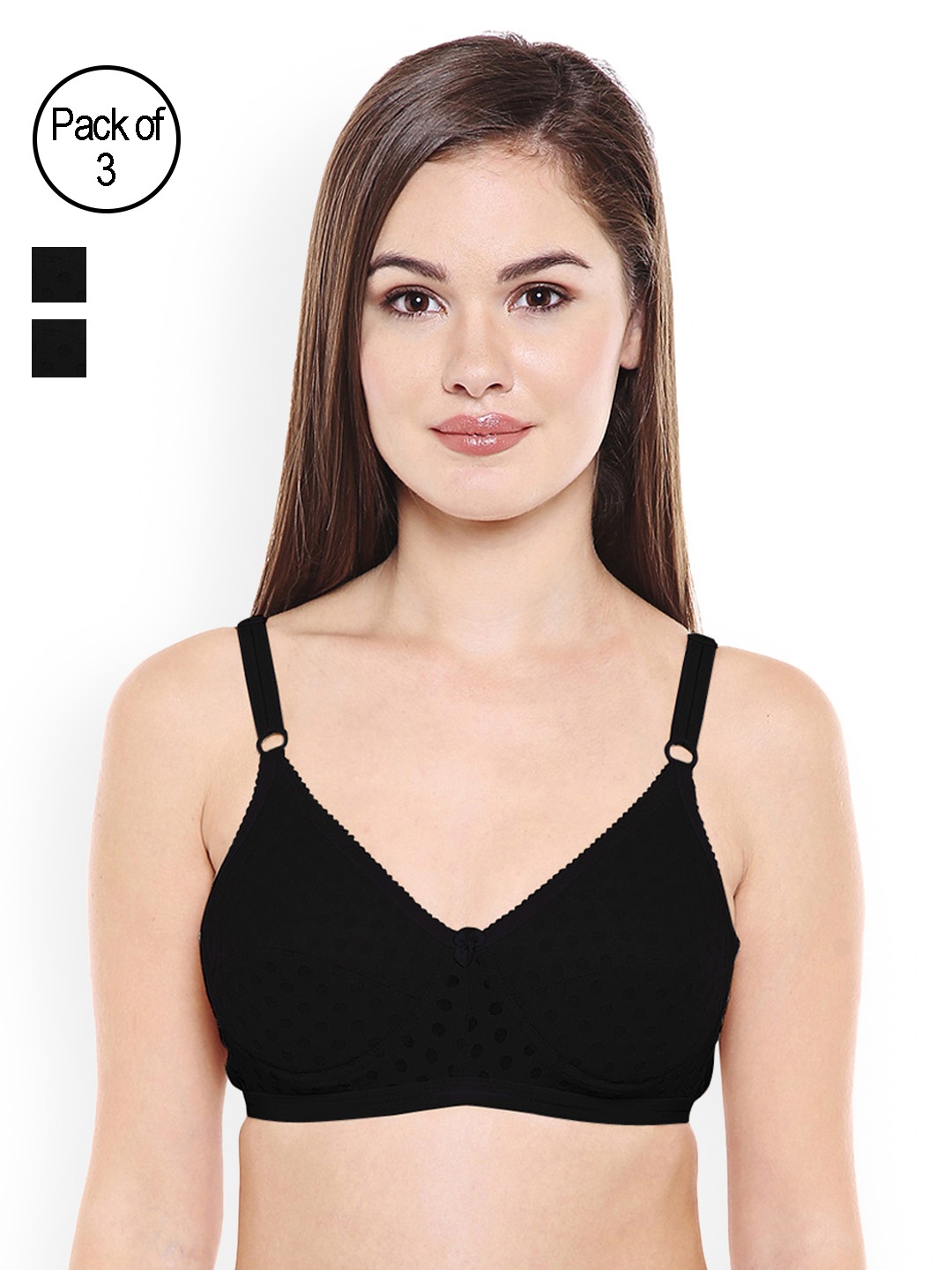 

Bodycare Pack Of 3 Self Design Non-Wired Lightly Padded T-shirt Bras E1576BBB, Black