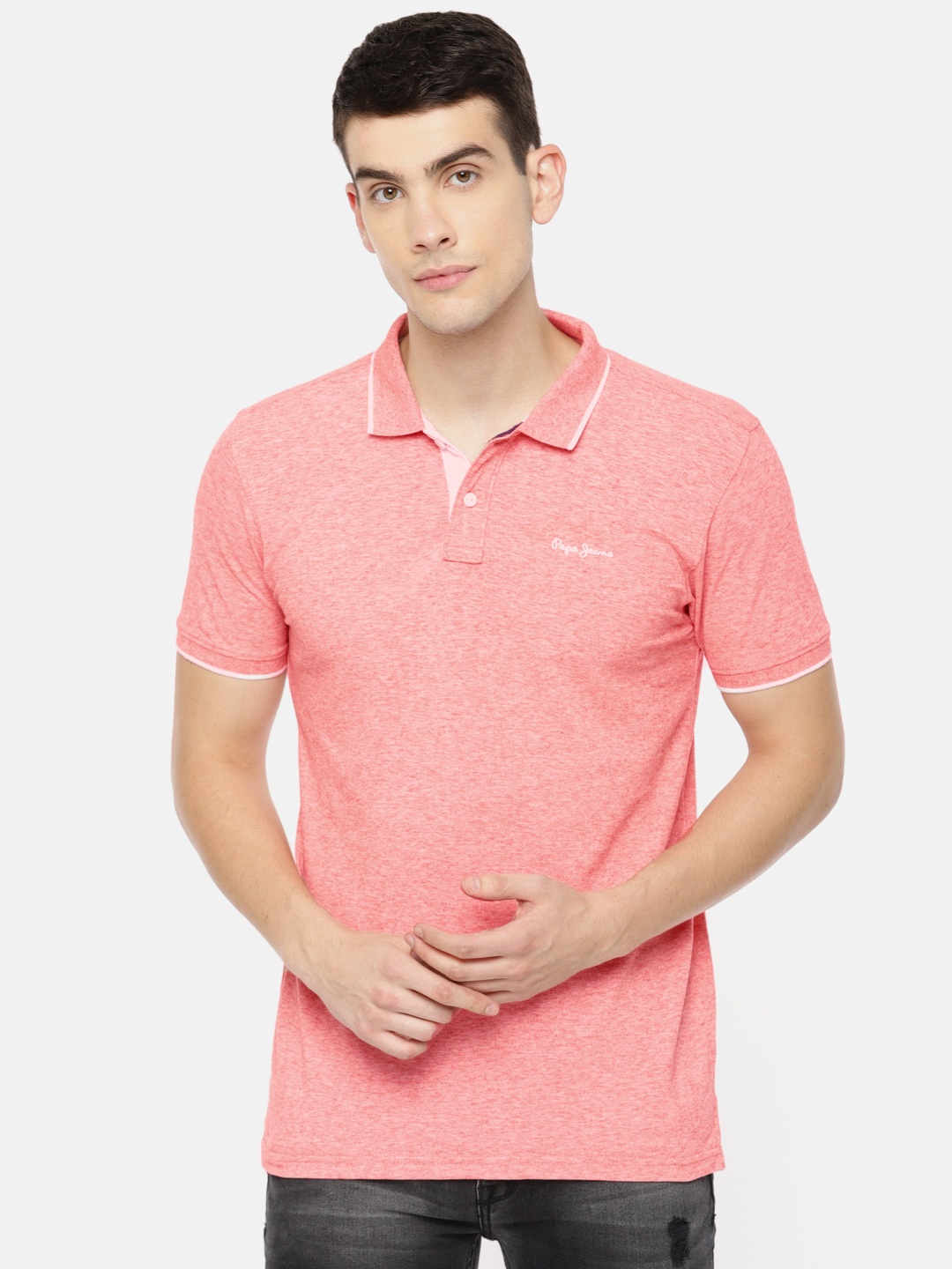 

Pepe Jeans Men Coral Pink Solid Polo Collar T-shirt