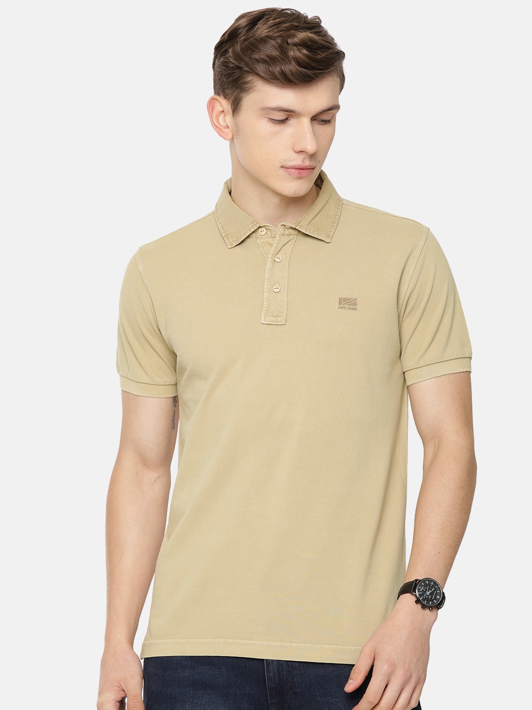 

Pepe Jeans Men Beige Solid Polo Collar Pure Cotton T-shirt