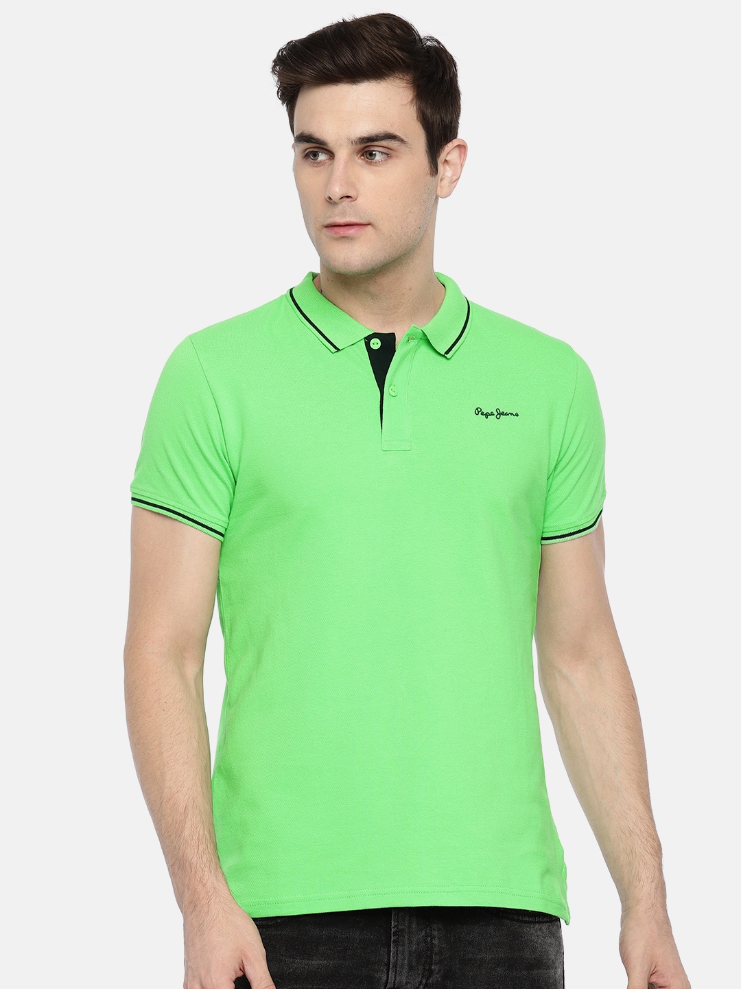 

Pepe Jeans Men Green Solid Polo Collar Pure Cotton T-shirt