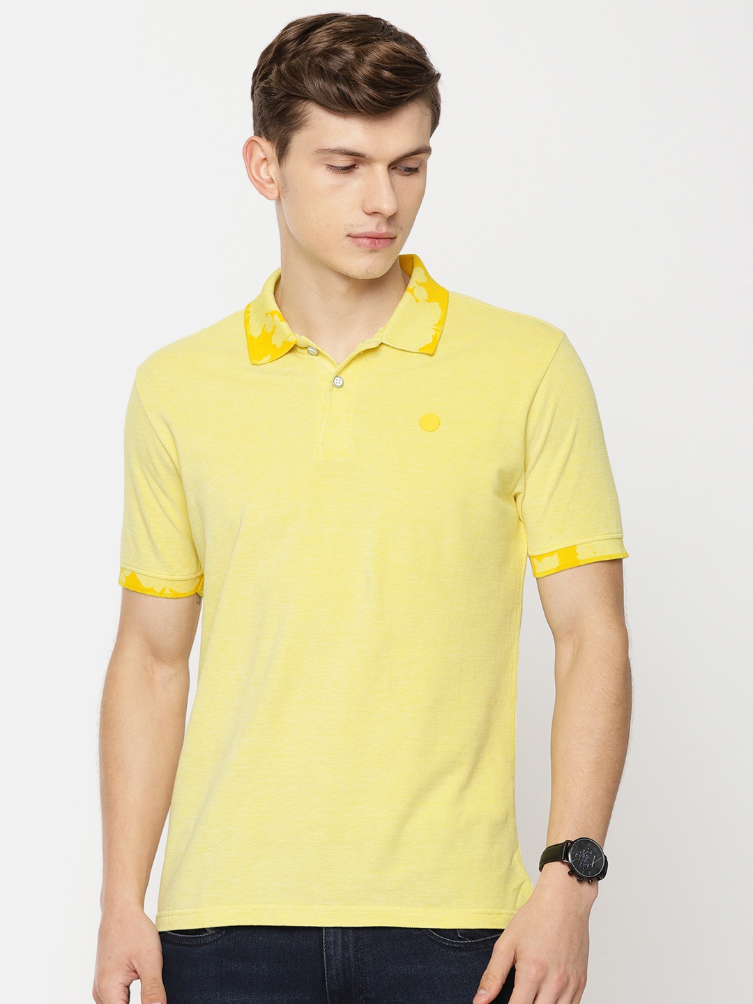 

Pepe Jeans Men Yellow Solid Polo Collar Pure Cotton T-shirt