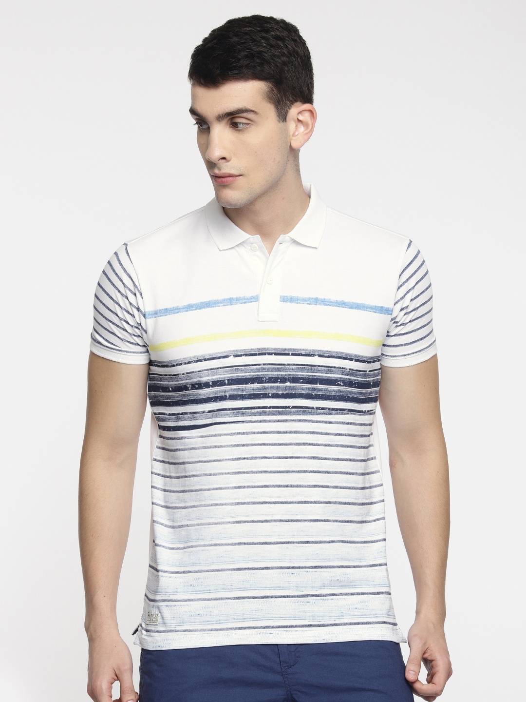 

Pepe Jeans Men White Navy Blue Striped Polo Collar Pure Cotton T-shirt