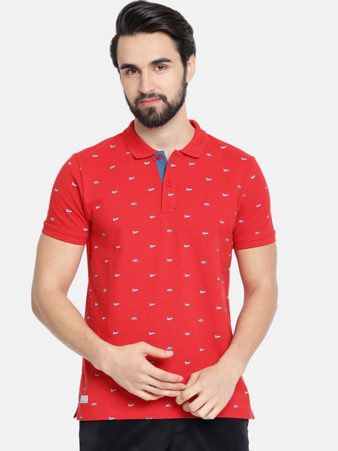 

Pepe Jeans Men Red Navy Blue Printed Polo Pure Cotton T-shirt
